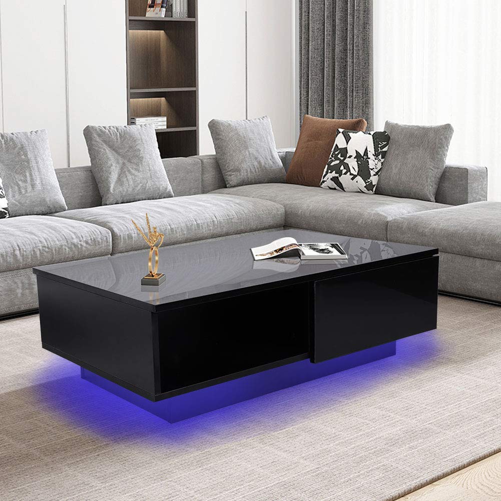 Modern LED Coffee Table with High Gloss Finish - Rectangle Cocktail Table with Drawer Storage for Living Room, Office & Home Decor - Black (110V) - Perfect for Entertaining, Relaxing & Stylish Interior Design