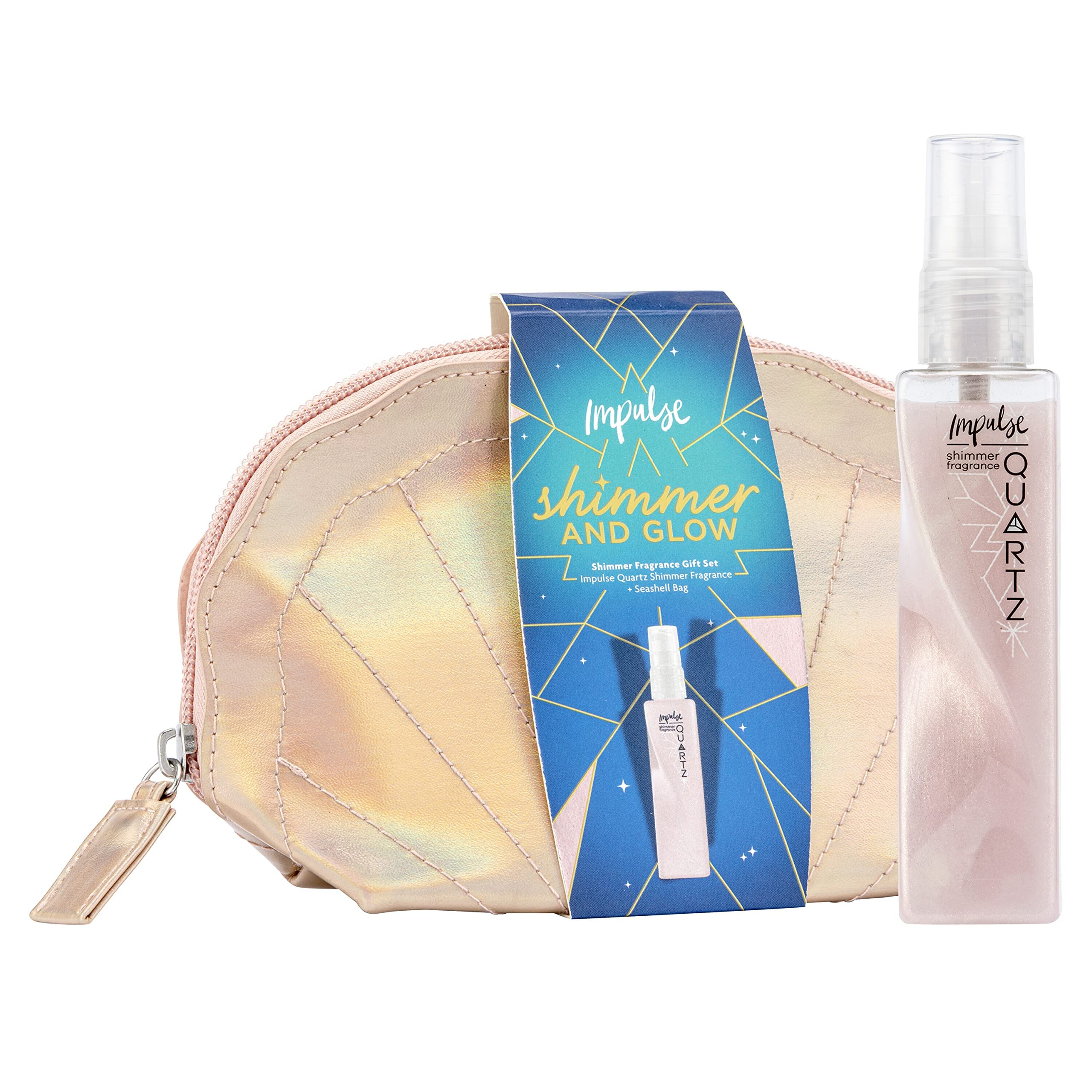 Impulse Shimmer and Glow Fragrance Gift Set - Festive Body Mist & Seashell Makeup Bag | Perfect for Holidays, Parties & Special Occasions