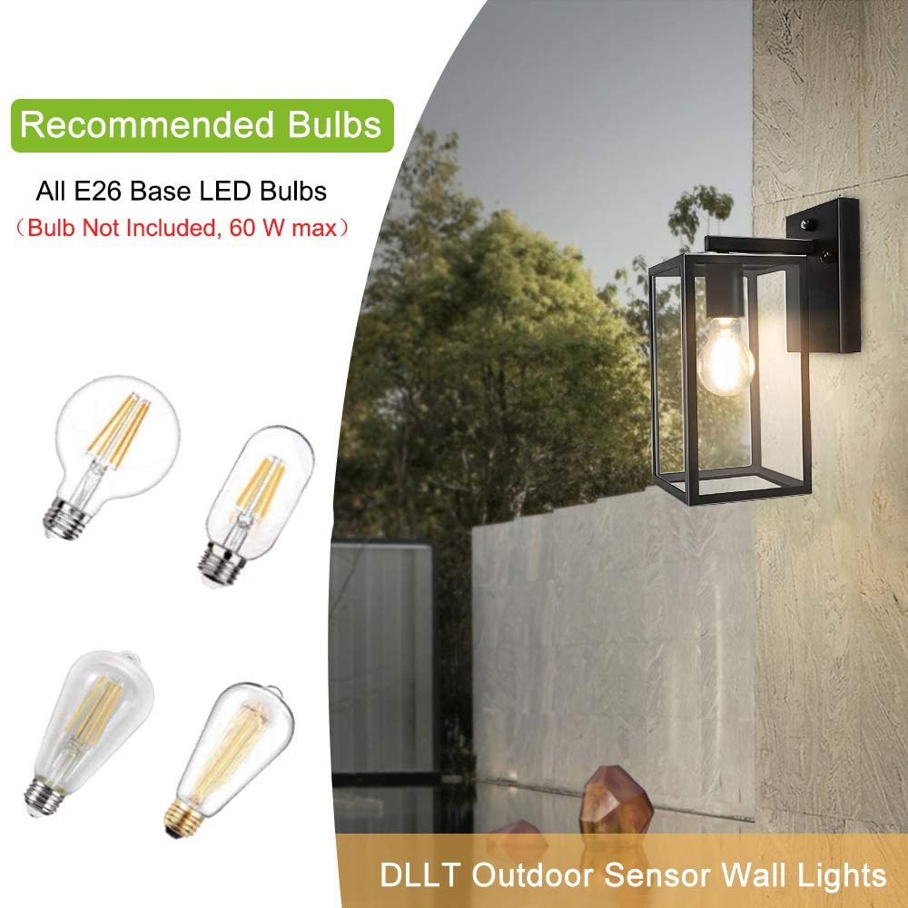 40W Outdoor/Indoor Wall Sconce with Dusk-to-Dawn Sensor - Matte Black Rust-Resistant Wall Lantern with Clear Glass Shade - Perfect for Garage, Doorway, Entryway, Patio & Backyard Lighting