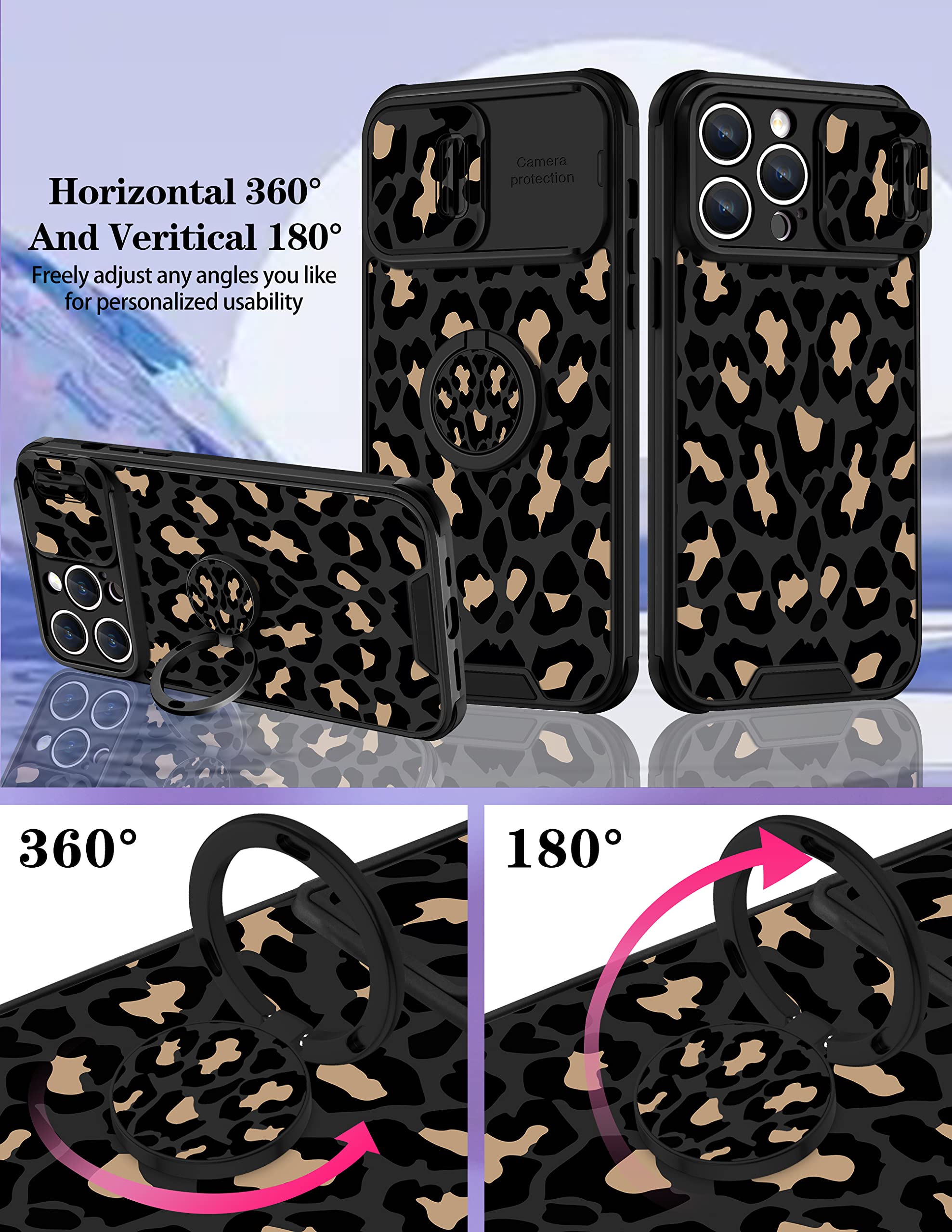Goocrux 2in1 iPhone 14 Pro Max Case for Women - Leopard Print Phone Cover with Slide Camera Cover & Ring Holder | Cute Cheetah Animal Design Girly Case for iPhone 14 ProMax 6.7