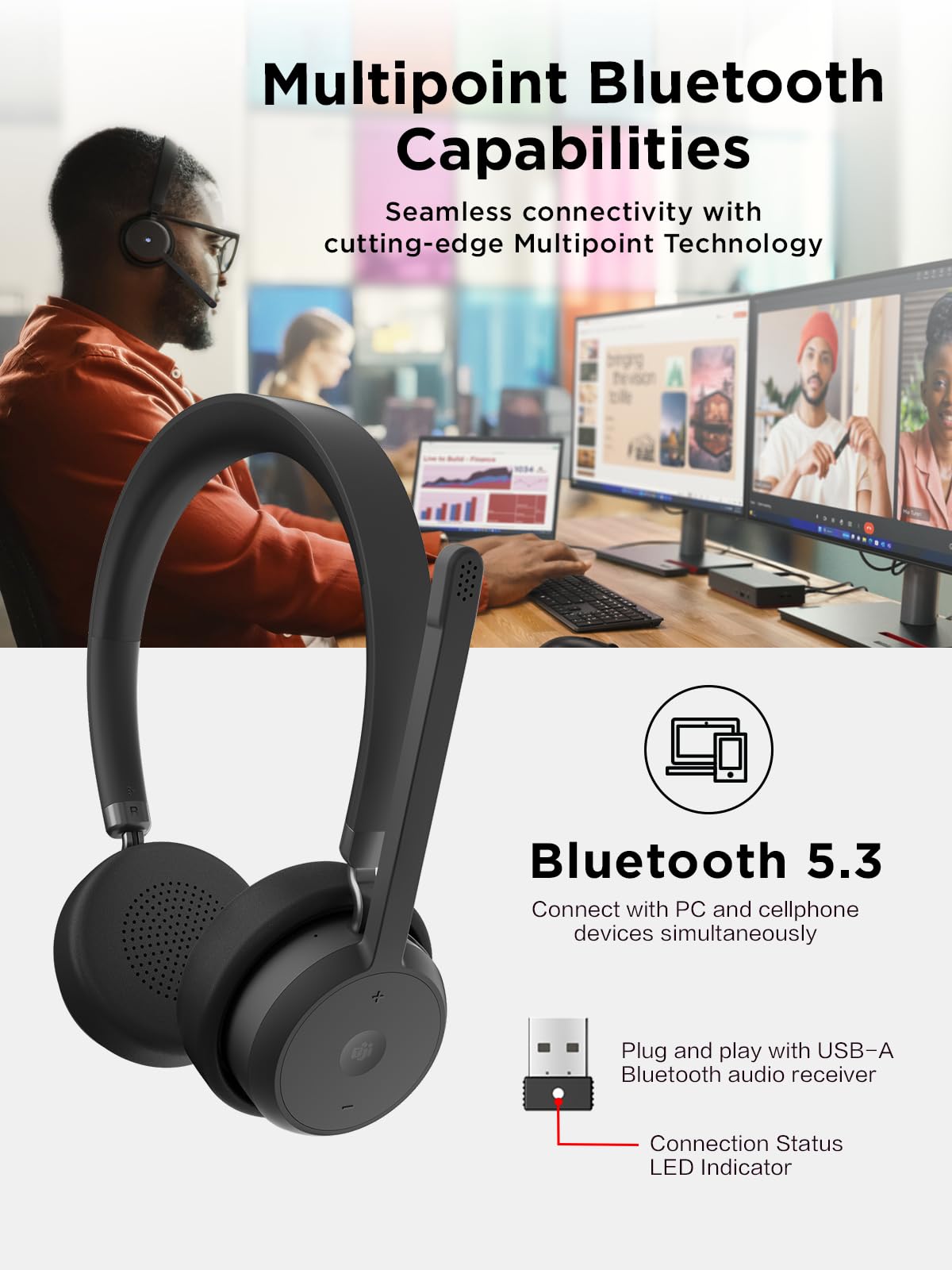 Lenovo Wireless VoIP Headset for Microsoft Teams Certified - Noise Cancelling Microphone, Bluetooth 5.3 Multipoint Connectivity, USB-A Receiver - 31H Talk Time & 60H Playback - Lightweight Over-Ear Design with Replaceable Earcups - Perfect for Remote Work, Online Meetings & Call Centers