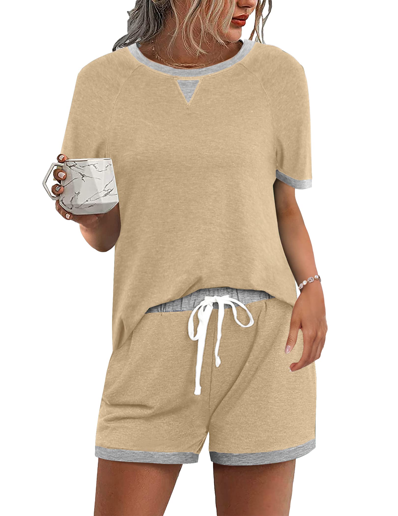 Ekouaer Women's Short Sleeve Pajama Set with Pockets - Soft Sleepwear & Lounge Shorts Set for Summer Nights, Home Relaxation and Vacation Comfort
