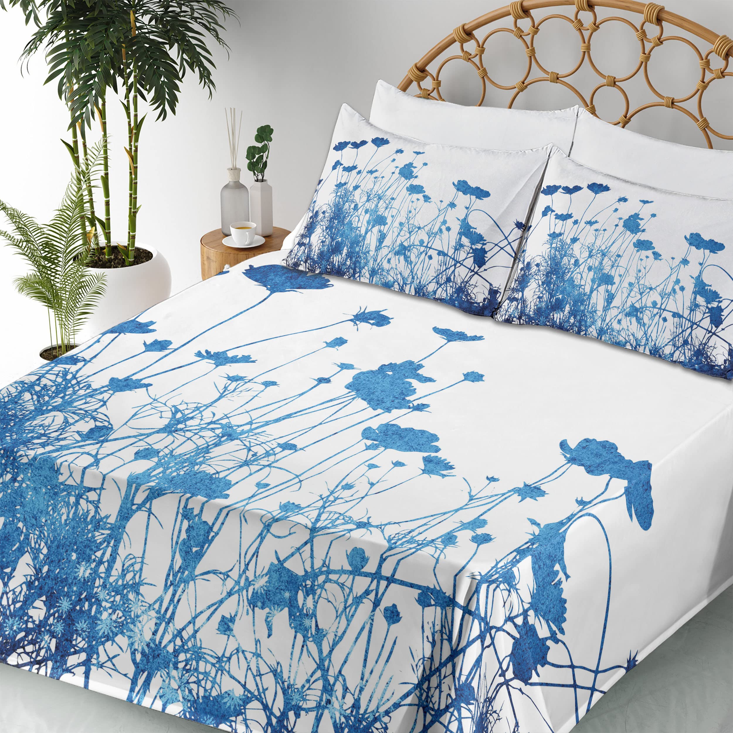 Ambesonne Abstract Floral Sheet Set - King Size 4 Piece Bedding with Wildflower Garden Design, Fitted & Flat Sheets + Pillowcases - White & Blue Botanical Print | Perfect for Master Bedrooms, Guest Rooms & Summer Home Decor