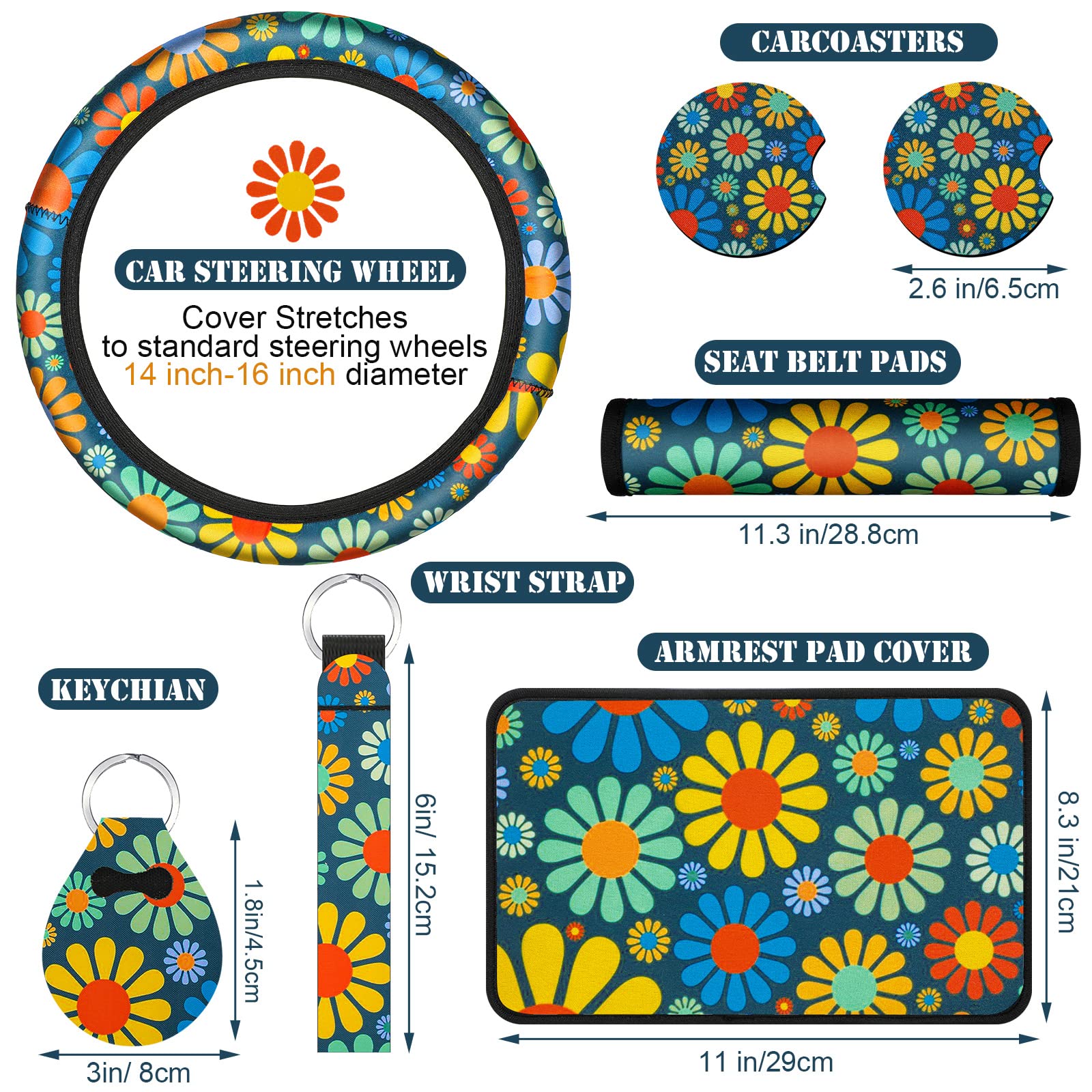 Hippie Flower Car Seat Covers 10-Piece Set - Universal Fit for Cars & Trucks - Boho Style for Women & Men