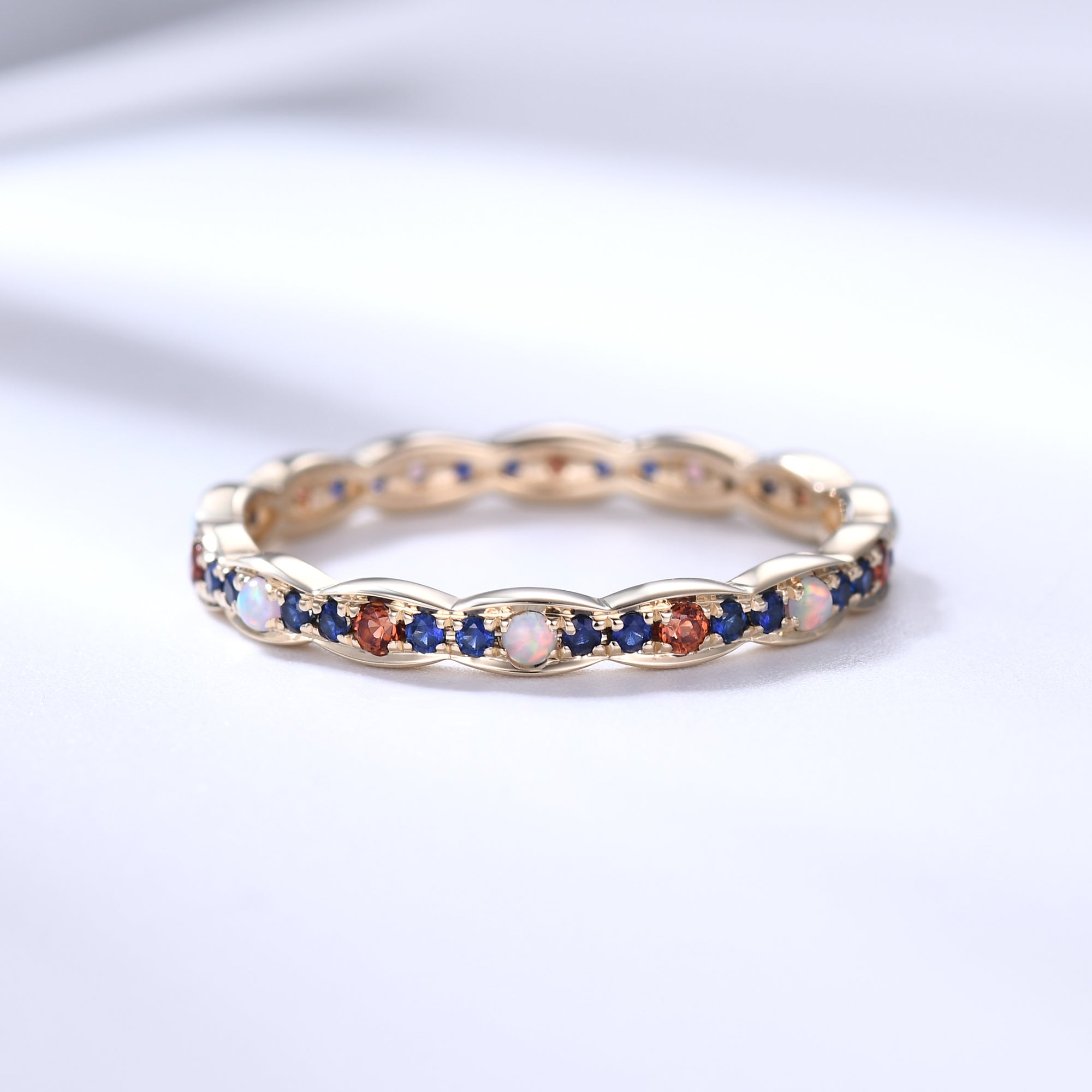Opal Garnet Sapphire Yellow Gold Wedding Band - Multiple Gemstone Full Eternity Ring for Women - Perfect for Anniversary, Engagement & Bridal Jewelry Gifts