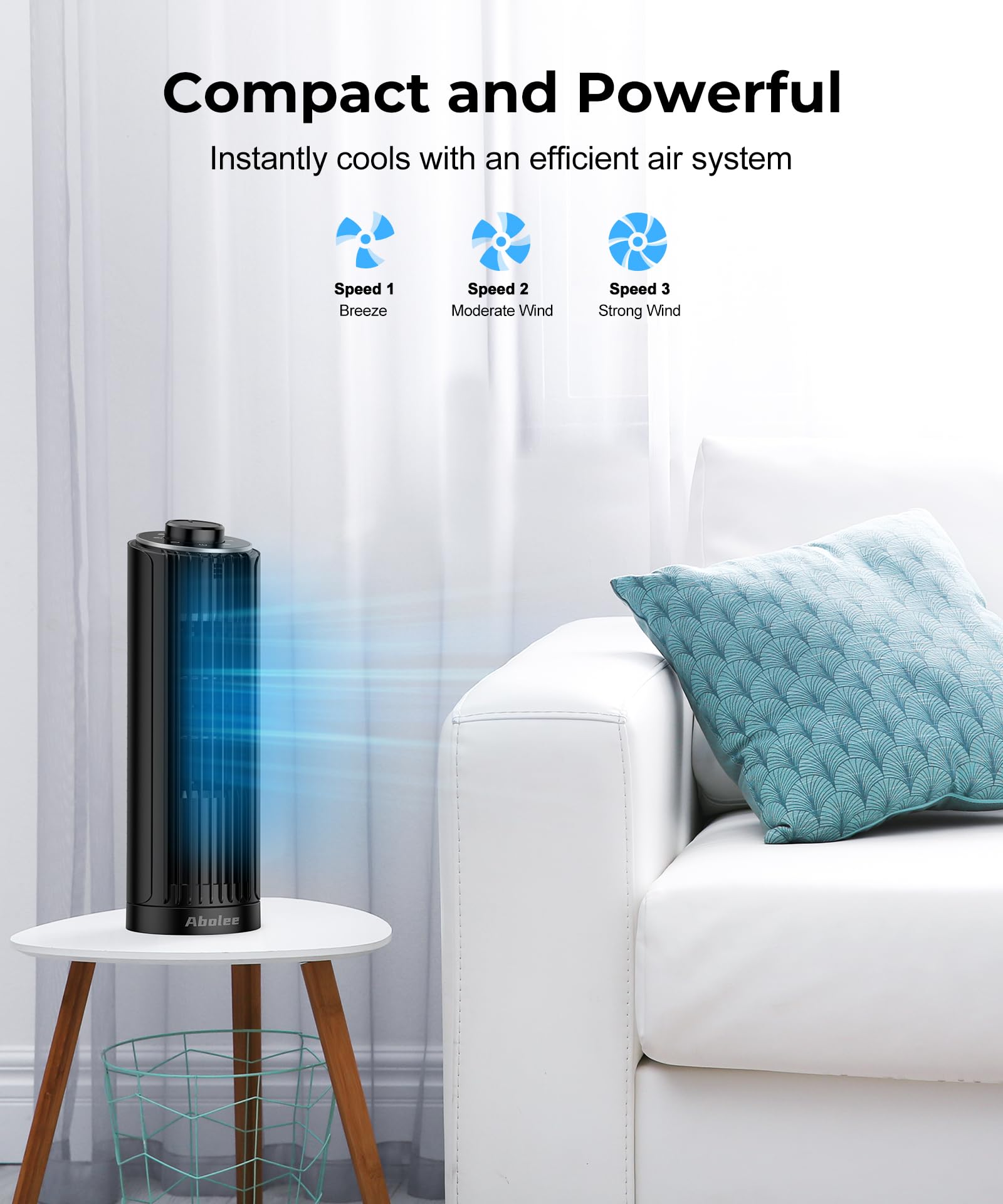 Abolee 13 Inch Bladeless Tower Fan - 23ft/s High Velocity Desk Fan with 70° Oscillation, 3 Speed Modes for Bedroom, Home & Office (Black) | Perfect for Cooling, Air Circulation & White Noise in Small Spaces