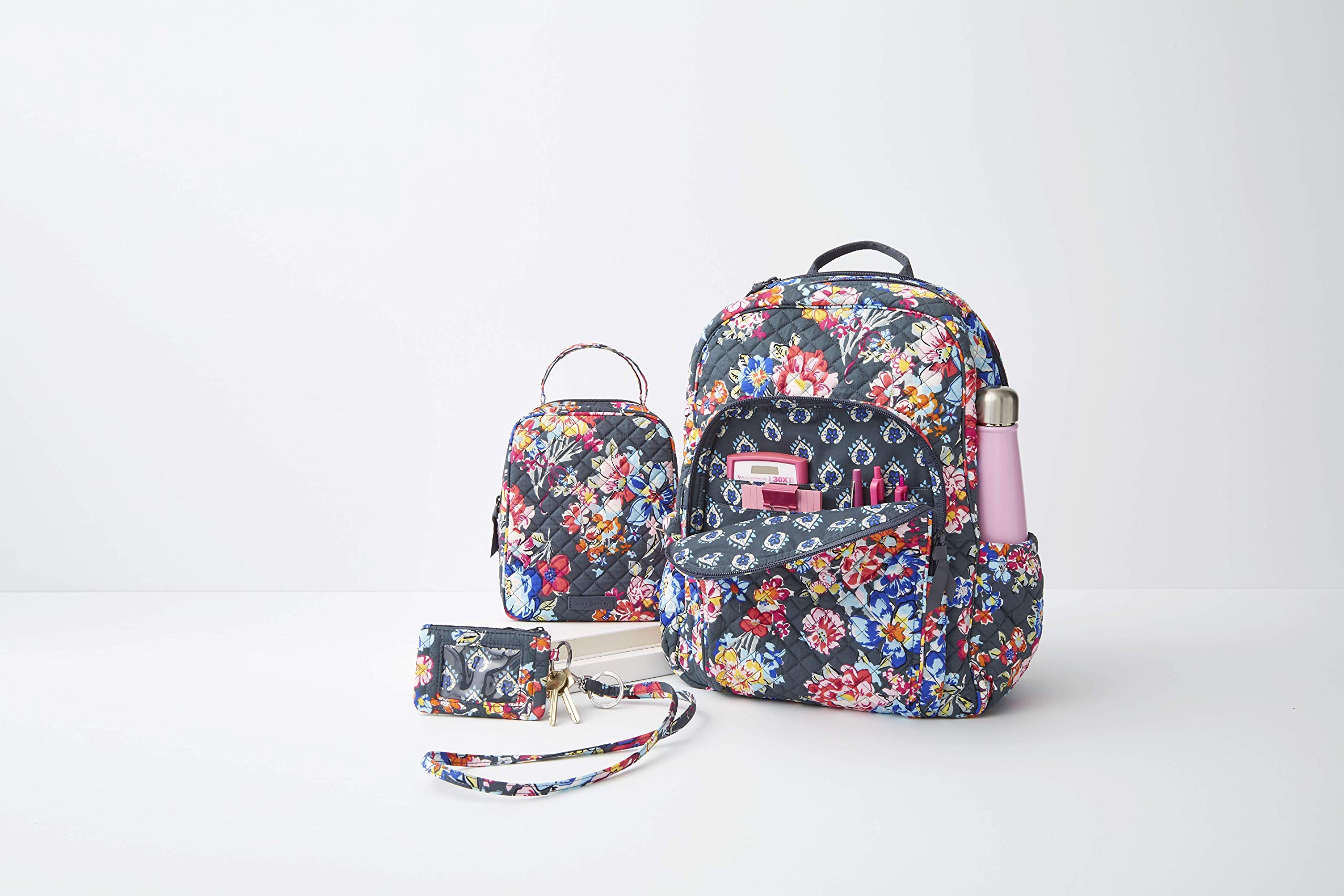 Vera Bradley Women's Cotton Campus Backpack - Pretty Posies Floral Print, Lightweight College Bookbag for School & Travel, Durable One Size Backpack for Students & Commuters