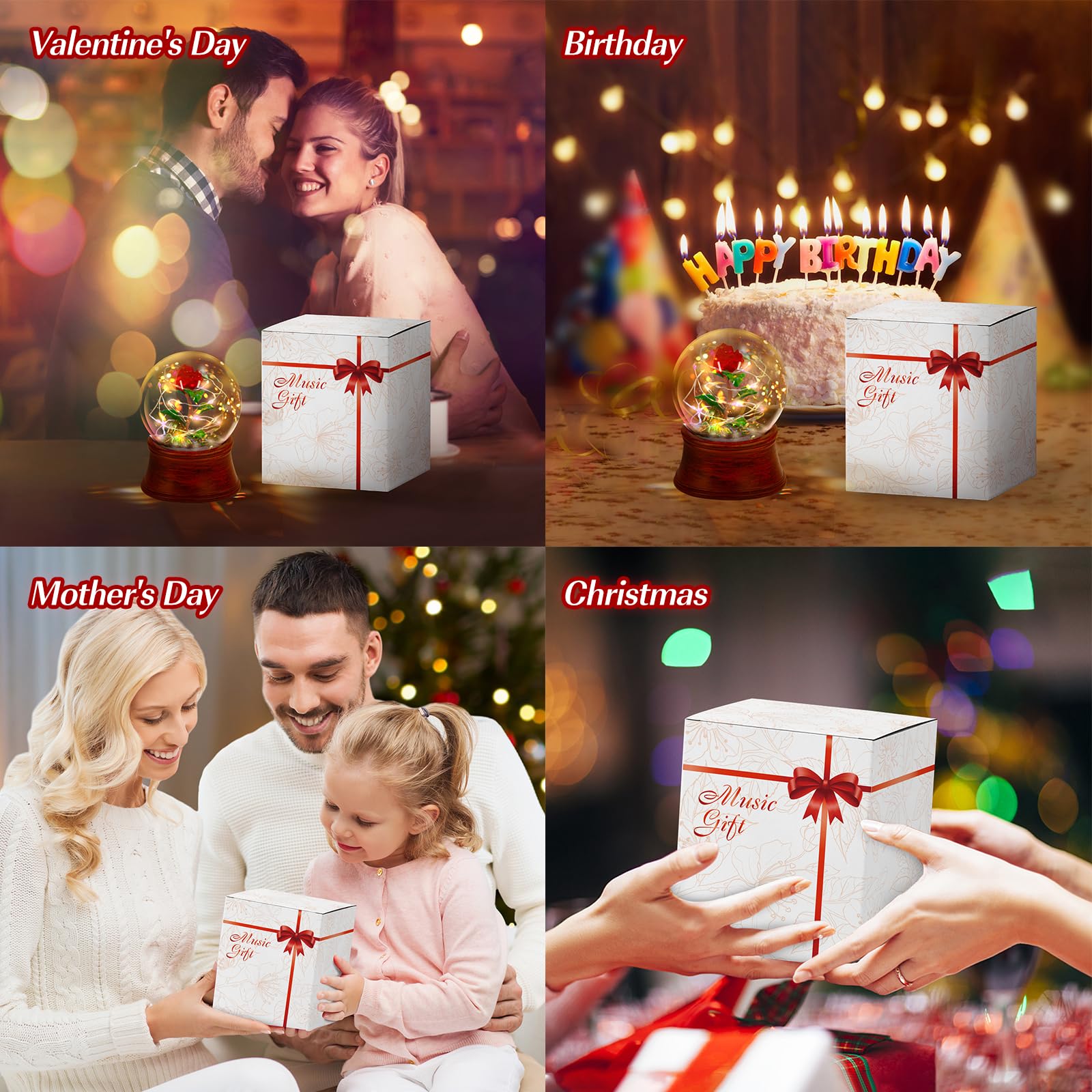 LED Light Up Rose Snow Globe Music Box with Preserved Red Flower - Romantic Water Globe Gift for Women, Girls (Mother's Day, Anniversary, Christmas) - Perfect for Bedroom Decor, Wedding Centerpiece & Valentine's Day Surprise