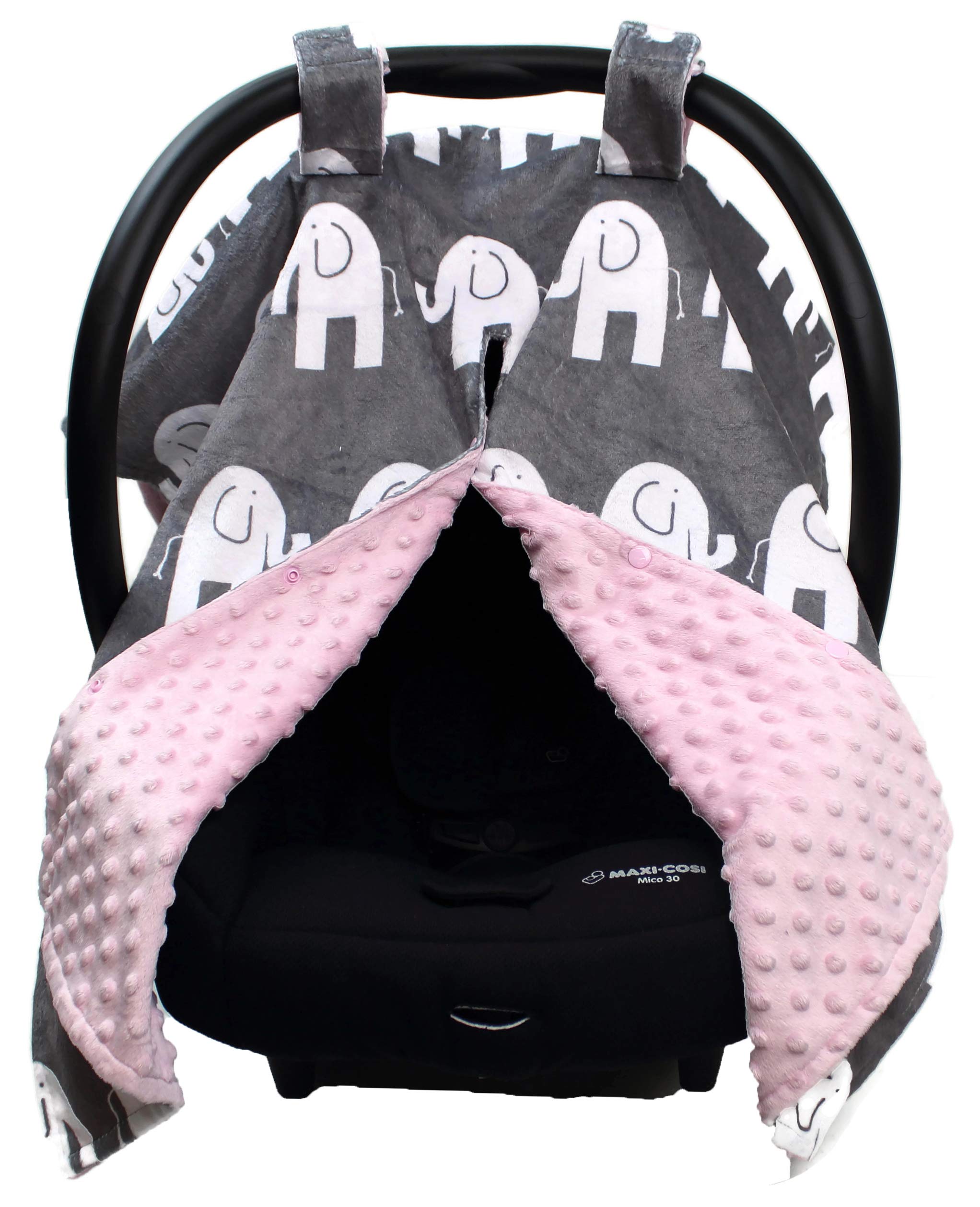 Dear Baby Gear Deluxe Car Seat Canopy - Custom Minky Print White Elephants & Pink Minky Dot - Premium Infant Car Seat Cover for Sun Protection & Privacy - Perfect for Strollers, Shopping & Outdoor Adventures