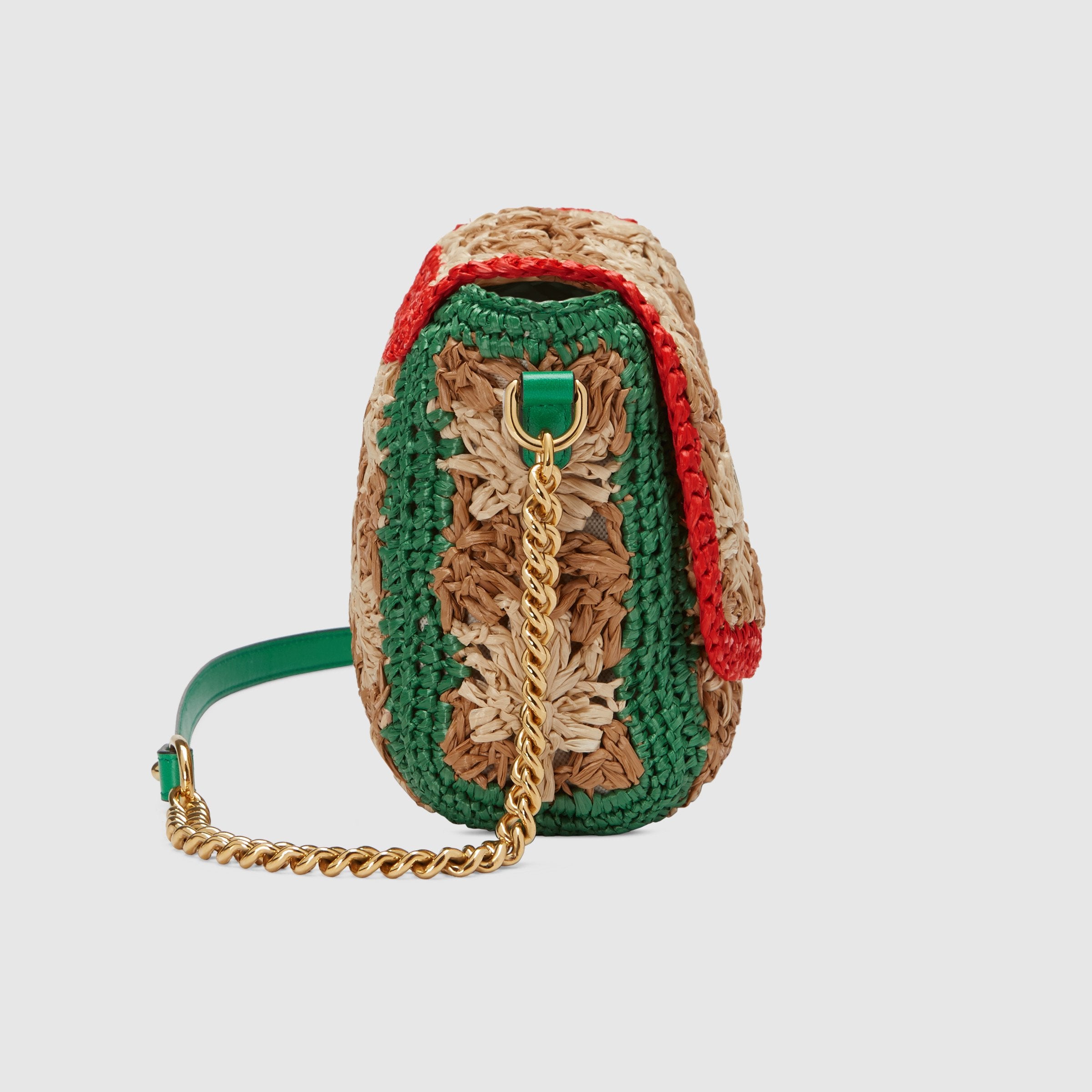 Gucci Marmont Raffia Small Shoulder Bag in Red & Green - Perfect for Summer Outings, Beach Vacations, and Casual Chic Style