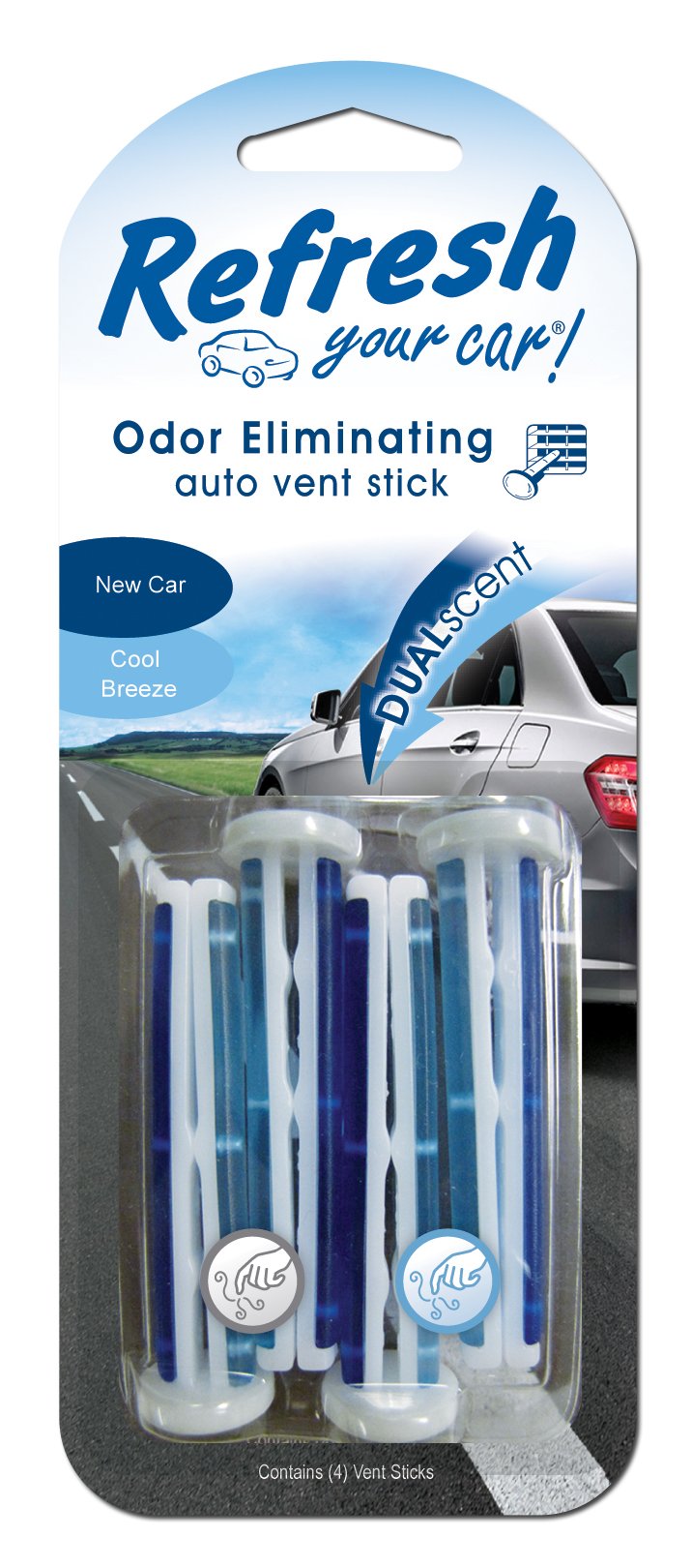 Refresh Your Car Air Freshener Set of 4 - Dual Scent Vent Sticks (New Car & Cool Breeze) | Odor Eliminator for Cars | Perfect for Daily Commute & Long Road Trips