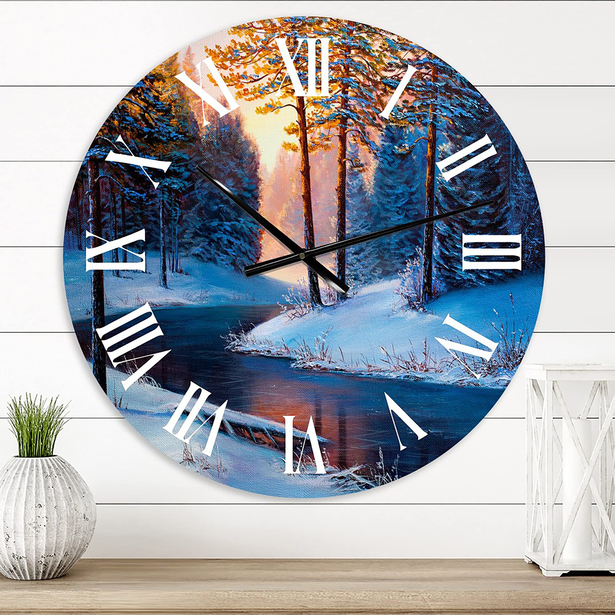 DesignQ Lake House Wall Clock - 'Sunshine Through The Christmas Forest by The River' Large Nature Landscape Wall Clock for Kitchen, Living Room & Bedroom Decor | Perfect for Farmhouse, Cottage & Rustic Home Décor