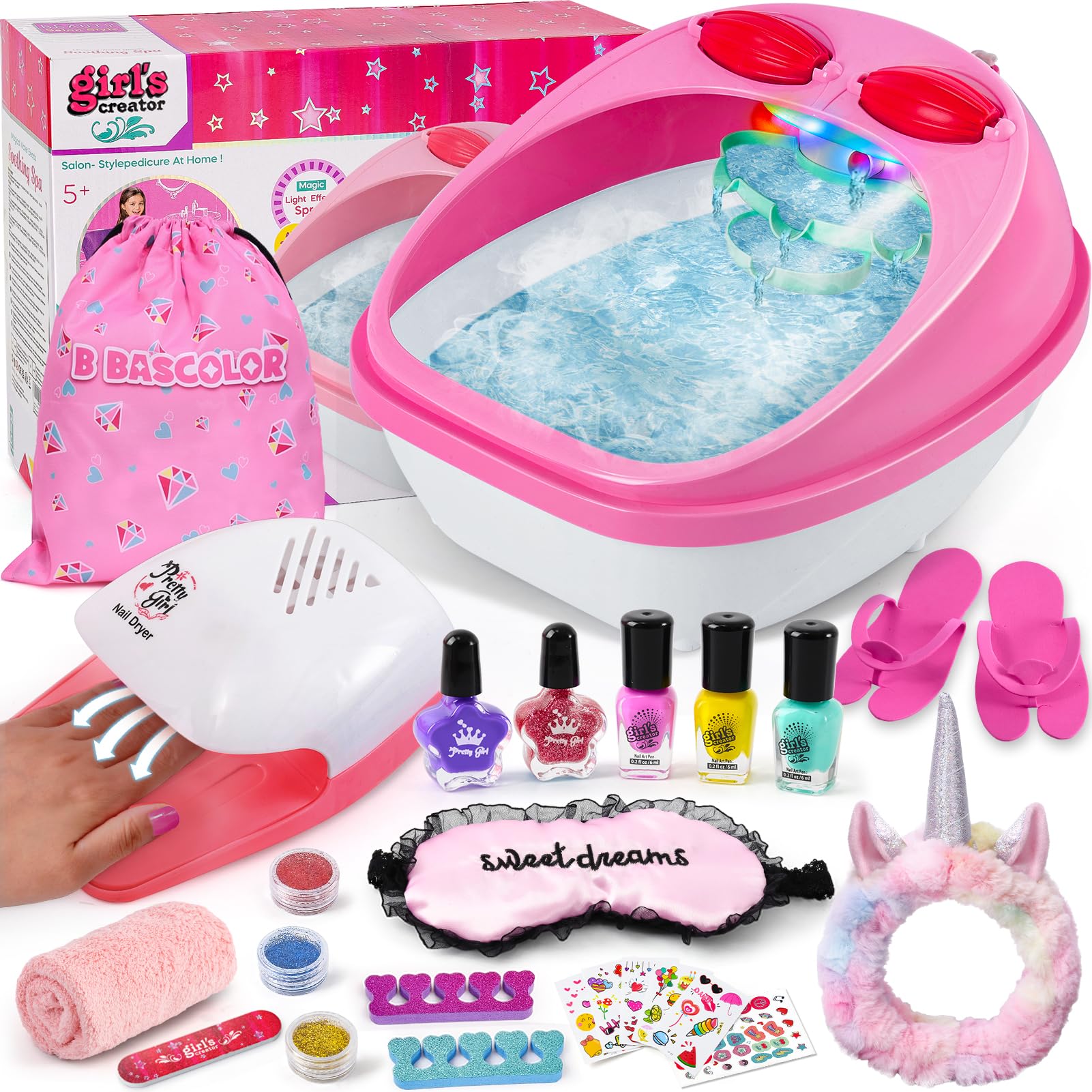 Kids Foot Spa & Nail Care Kit - Girls Manicure Pedicure Set with Massage Soak Tub & Nail Dryer | Perfect for Spa Day, Birthday & Christmas Gifts for Girls Ages 5-12 | Fun Salon Pretend Play & Relaxation at Home