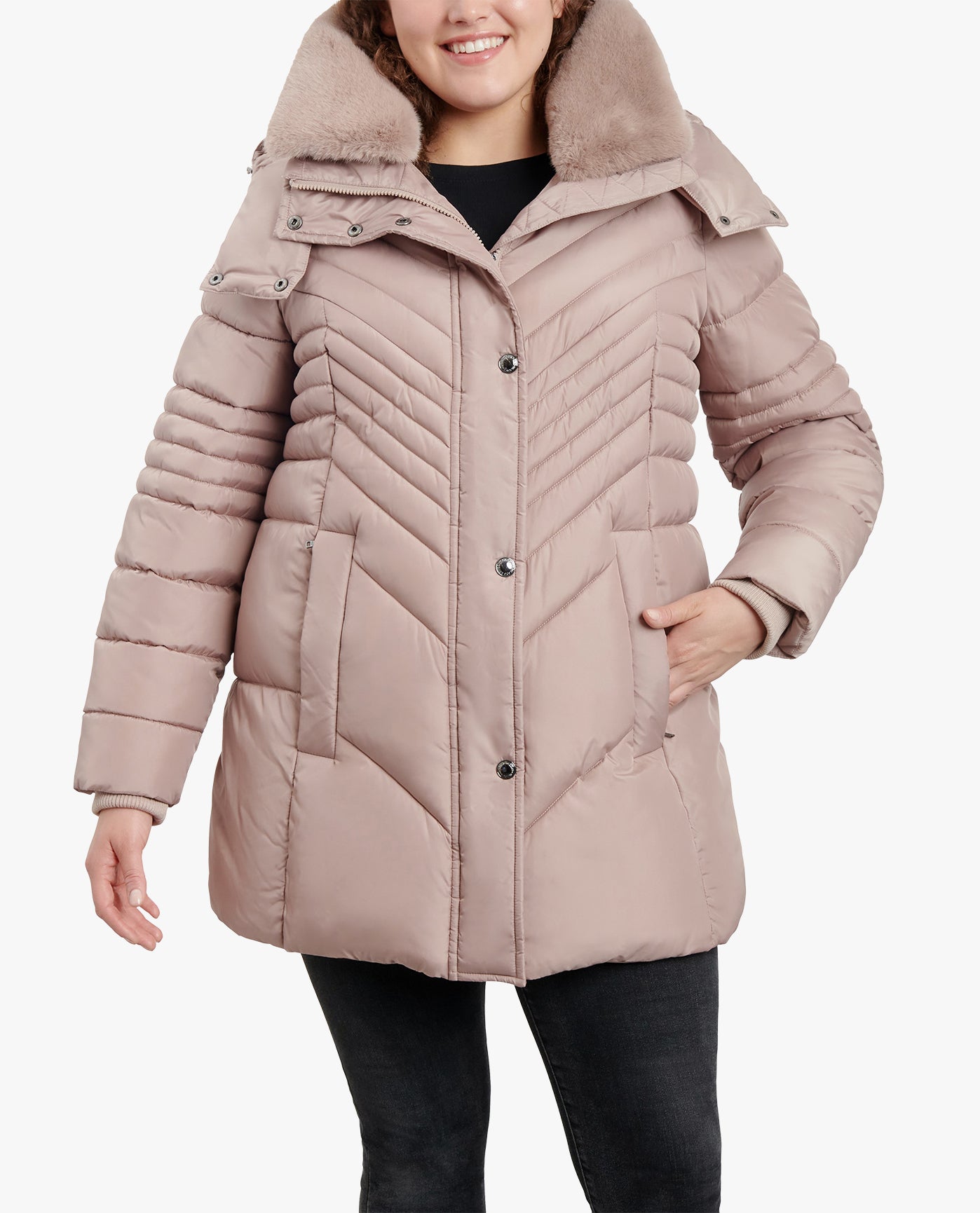 Plus Size Zip Front Hooded Puffer Jacket with Detachable Faux Fur Collar - Warm Winter Coat for Women, Outdoor Activities & Casual Fashion