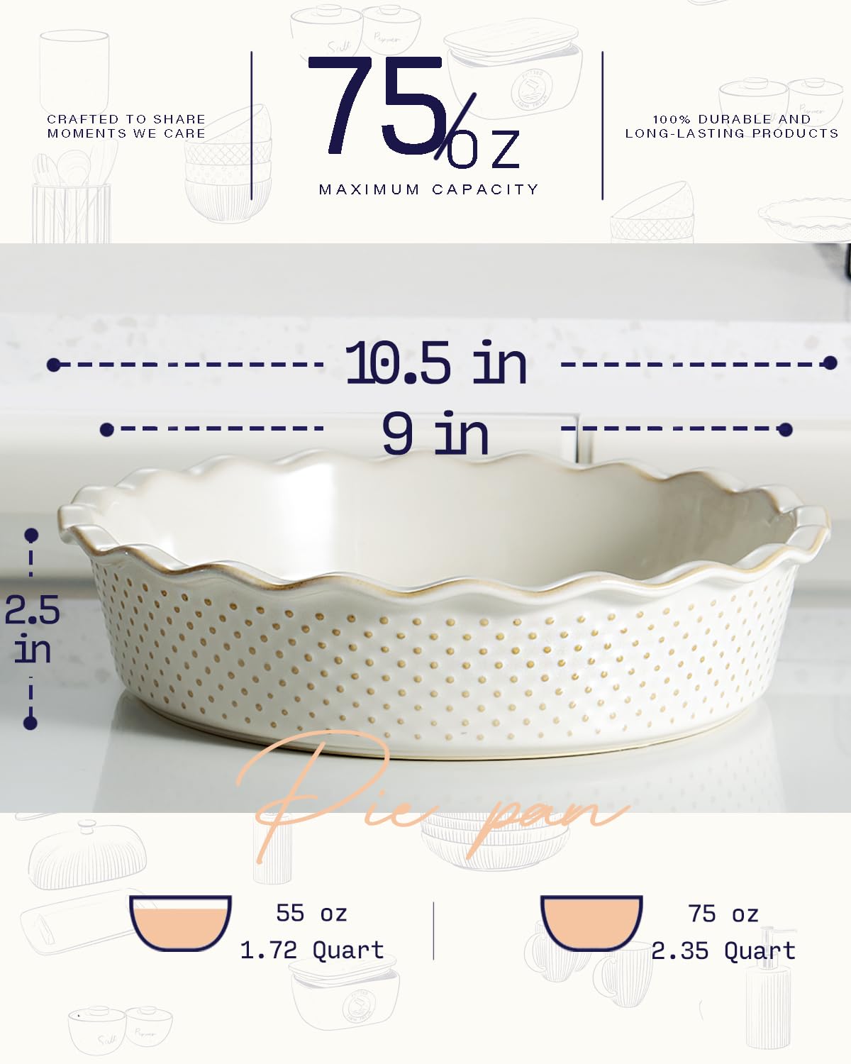Getstar 9.5 Inch Ceramic Pie Pan - Non-Stick Deep Dish Pie Plate for Baking Apple, Pumpkin & Quiche - Oven & Dishwasher Safe Farmhouse Style Pie Dish - Perfect for Thanksgiving, Christmas & Family Gatherings