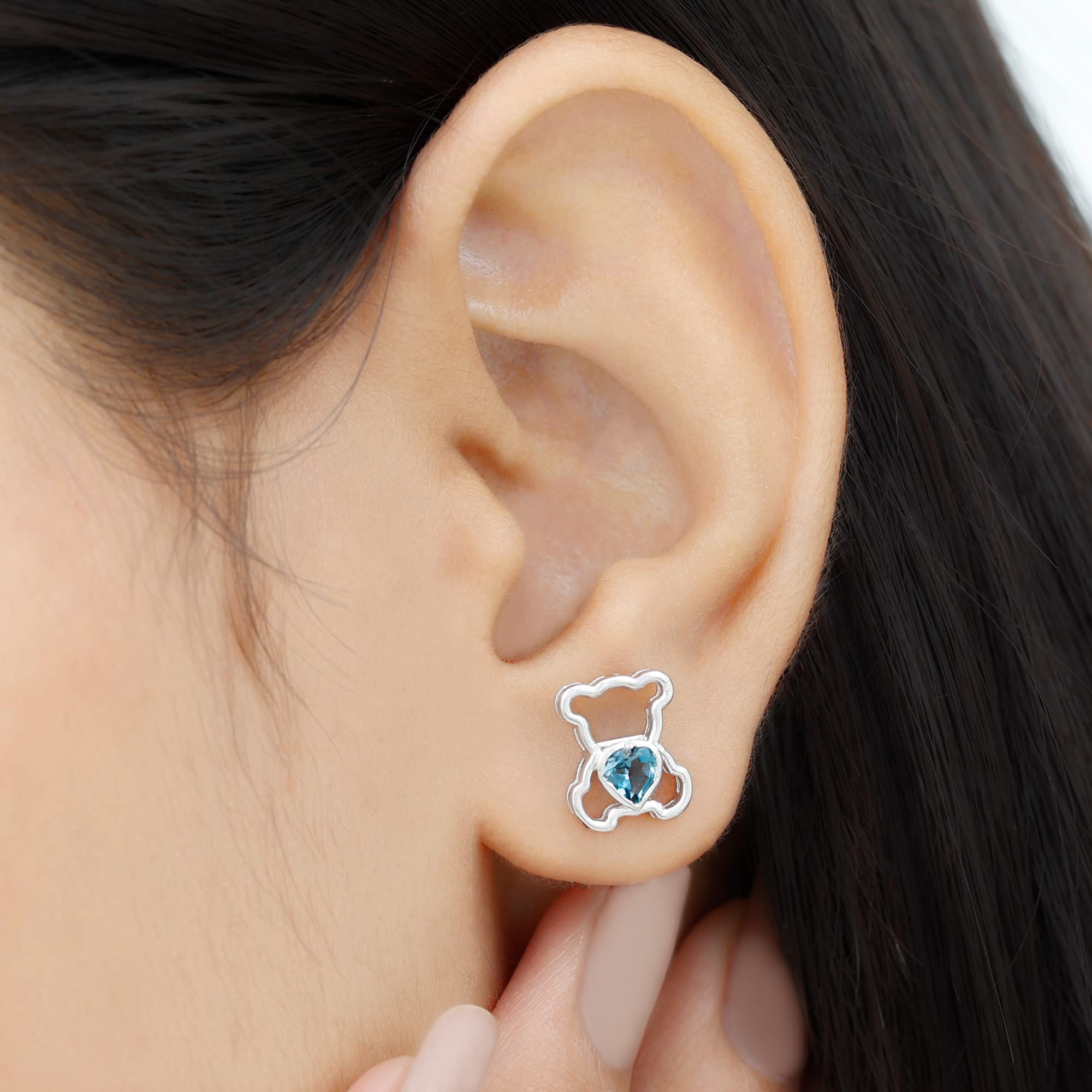 AAA Quality Cute Teddy Bear Earrings with London Blue Topaz & Heart Studs | Screw Back for Secure Fit | Perfect Women's Jewelry Gift for Birthday, Anniversary & Valentine's Day