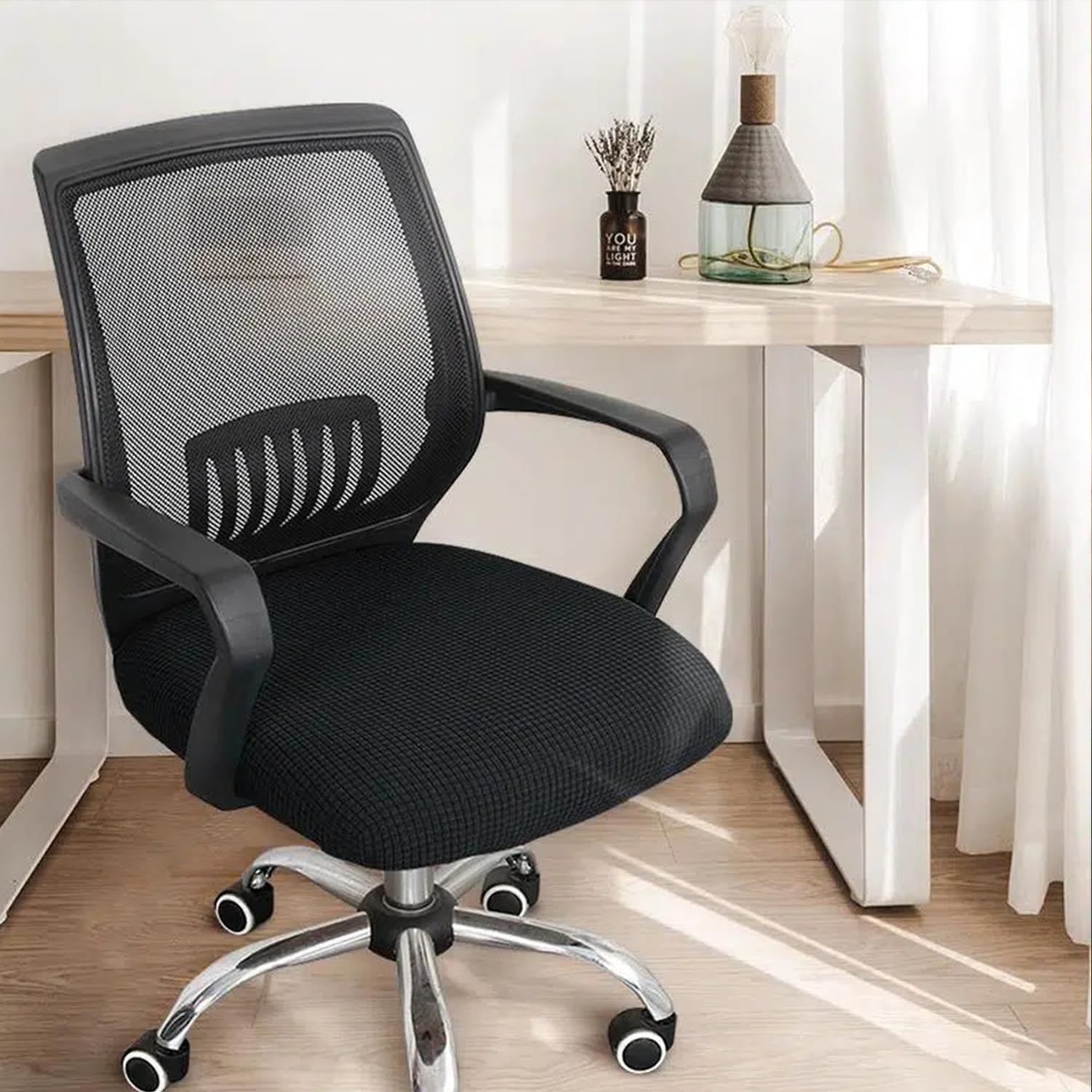 Sunnyway Stretchable Office Chair Cover - Breathable Spandex Slipcover for Desk & Computer Chairs - Machine Washable Seat Protector (Black) - Perfect for Home Office, Gaming & Workspace Decor