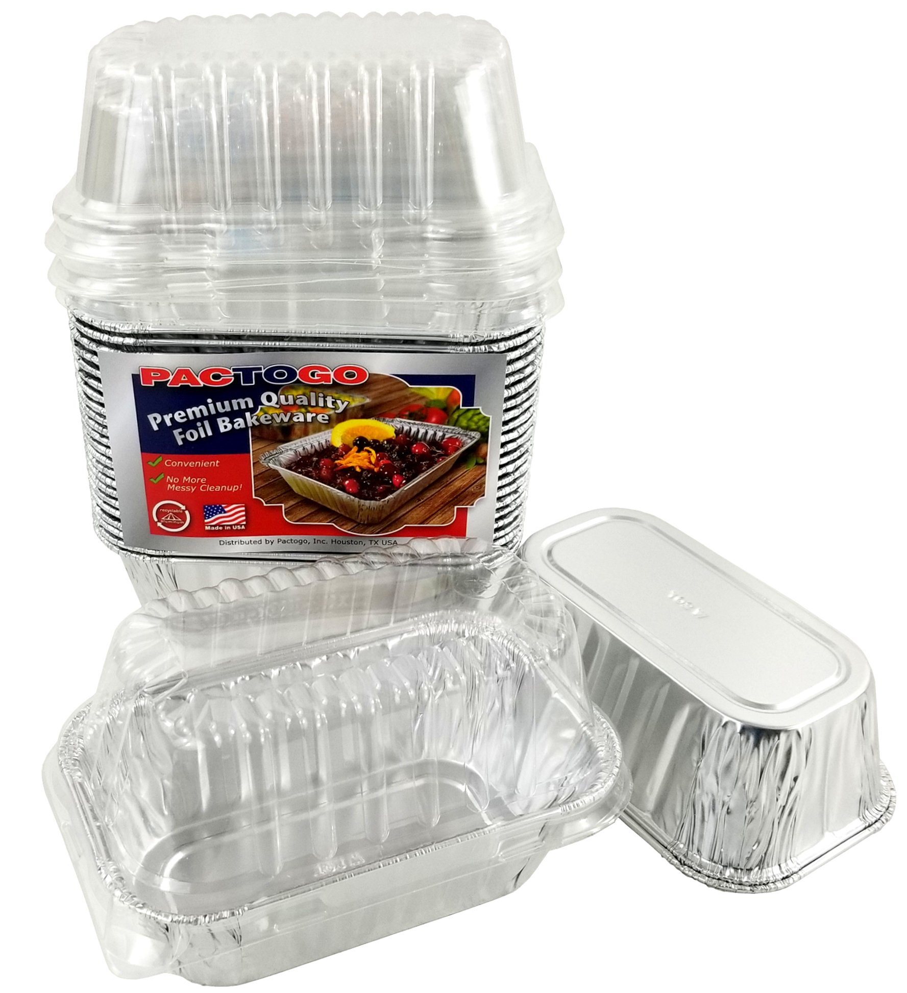 PACTOGO 1 lb Disposable Aluminum Foil Mini Loaf Pans with Clear Dome Lids - 200 Sets Pack for Baking, Meal Prep & Party Food Storage - Perfect for Cupcakes, Brownies & Holiday Treats