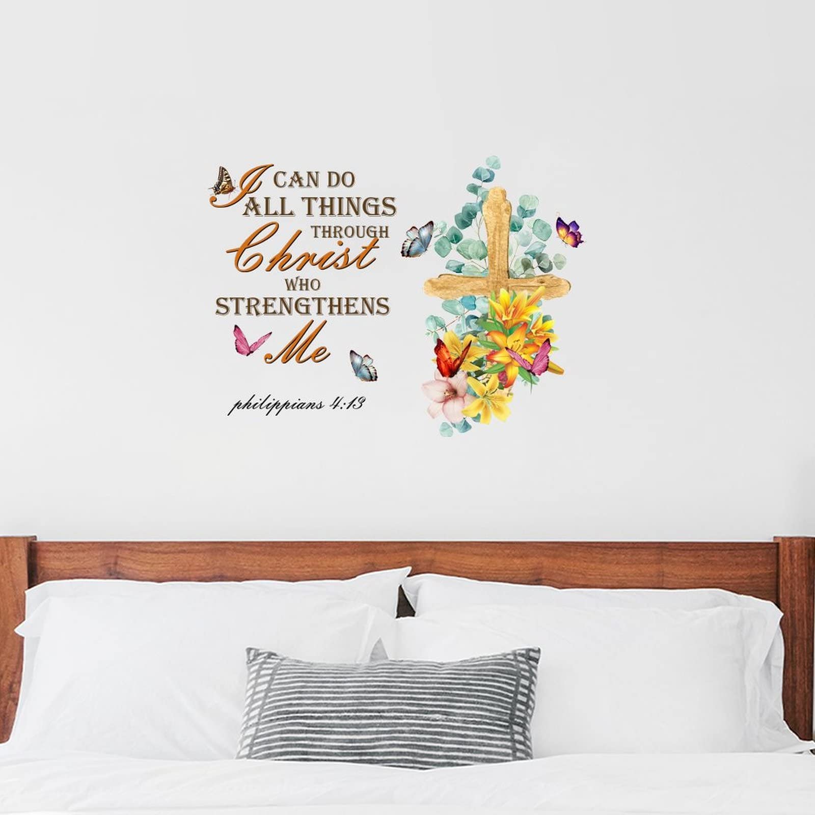 Custom Inspirational Wall Decal - 'I Can Do All Things Through Christ' Bible Verse with Lily Flower & Cross Design - 22 Inch Religious Wall Stickers for Bedroom, Living Room, Office - Perfect for Christian Home Decor & Gift Giving