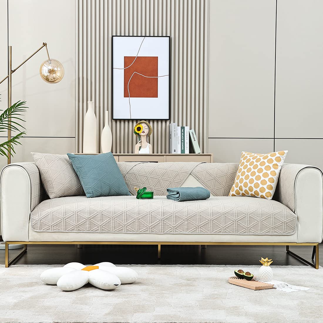 Geometric Embroidery Couch Cover - Cotton Quilted Non-Slip Sofa Slipcover with Triangle Pattern (Light Gray, 36