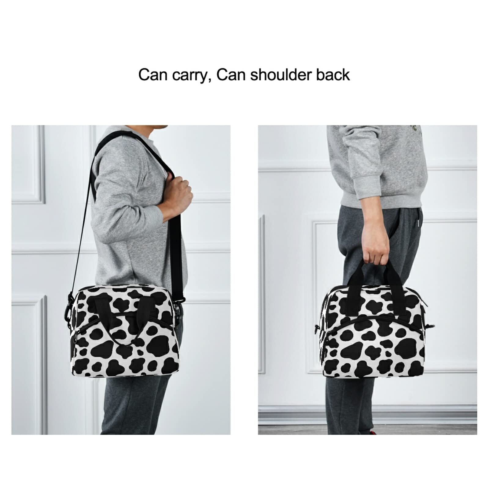 Insulated Reusable Lunch Bag with Cow Print - Eco-Friendly Cooler Tote for Women, Men & Kids - Perfect for School, Office, Picnic & Travel - Black Zippered Lunch Box Organizer