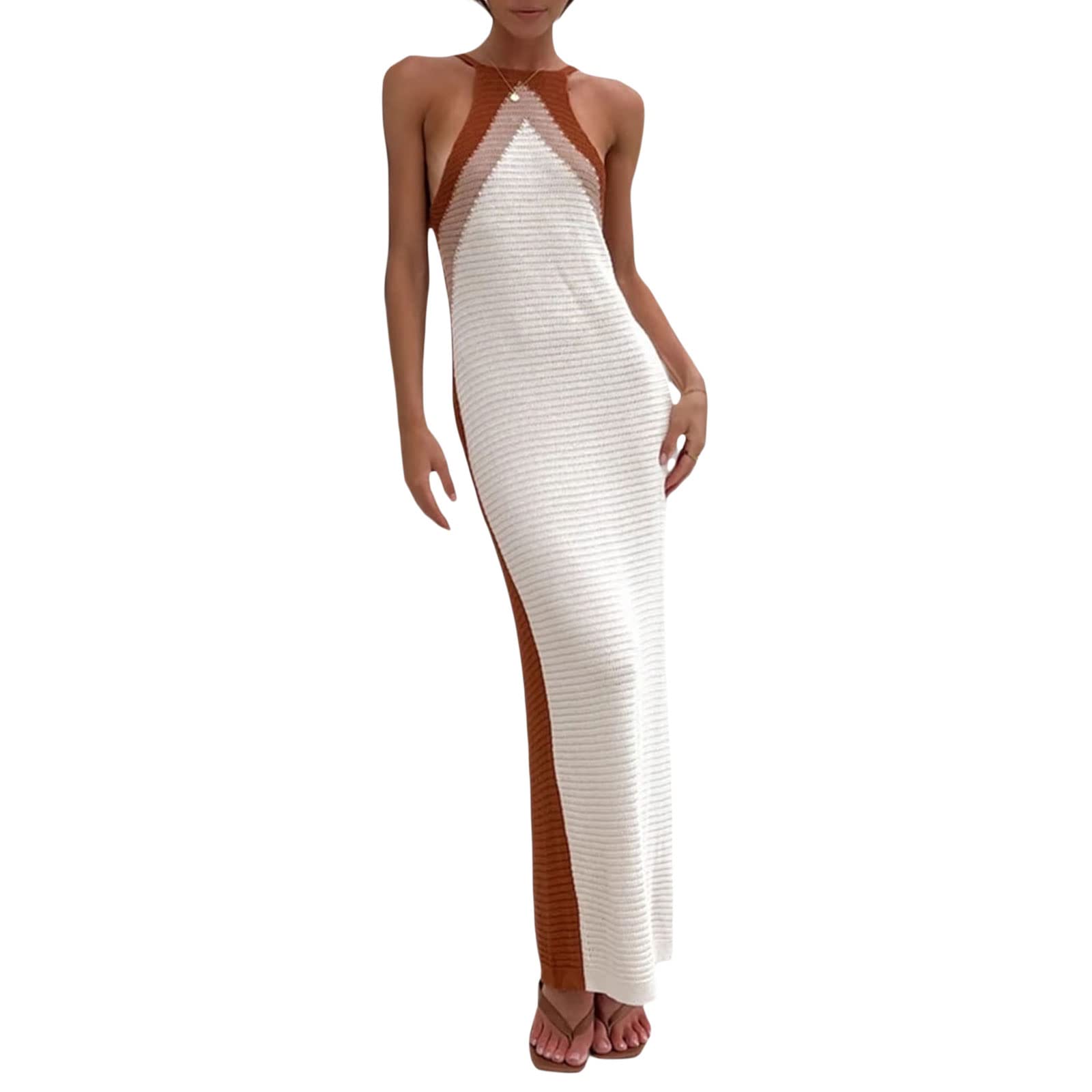Fabumily Sexy Knit Bodycon Dress for Women - Sleeveless Spaghetti Strap Cut Out Maxi Dress with Backless Design | Y2K Summer Beach Dress for Party, Club, Date Night & Vacation