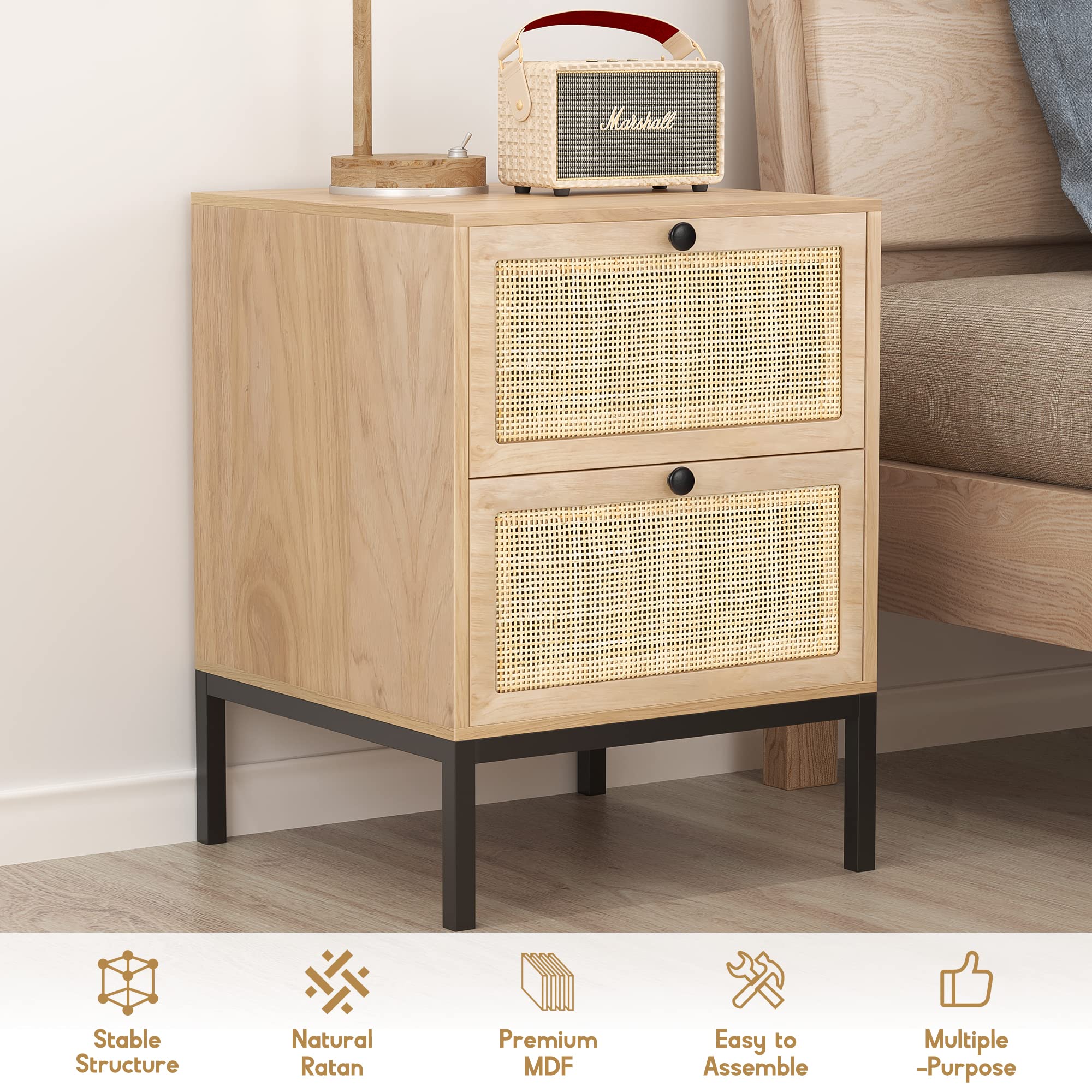 Natural Rattan Nightstand Set of 2 - Boho Bedside Tables with Drawers & Metal Legs, Cane End Tables for Bedroom & Living Room - Perfect for Small Spaces & Home Decor