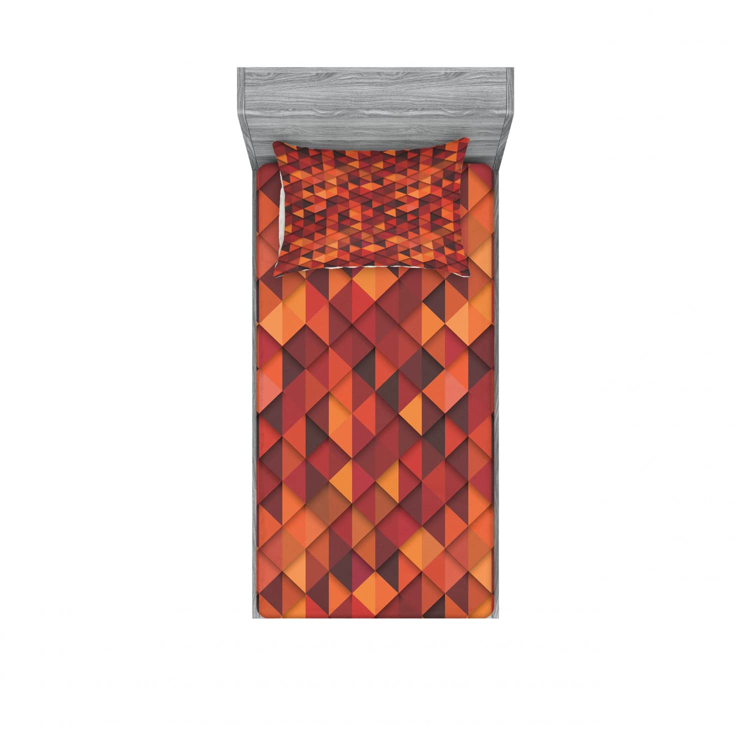 Ambesonne 2-Pack Twin Fitted Sheets & Pillow Sham Set - Retro Geometric Triangle Pattern Bedding in Orange & Brown - 4-Piece Bed Sheet Set for Kids, Teens & Adults - Perfect for Modern Bedrooms, Dorms & Guest Rooms