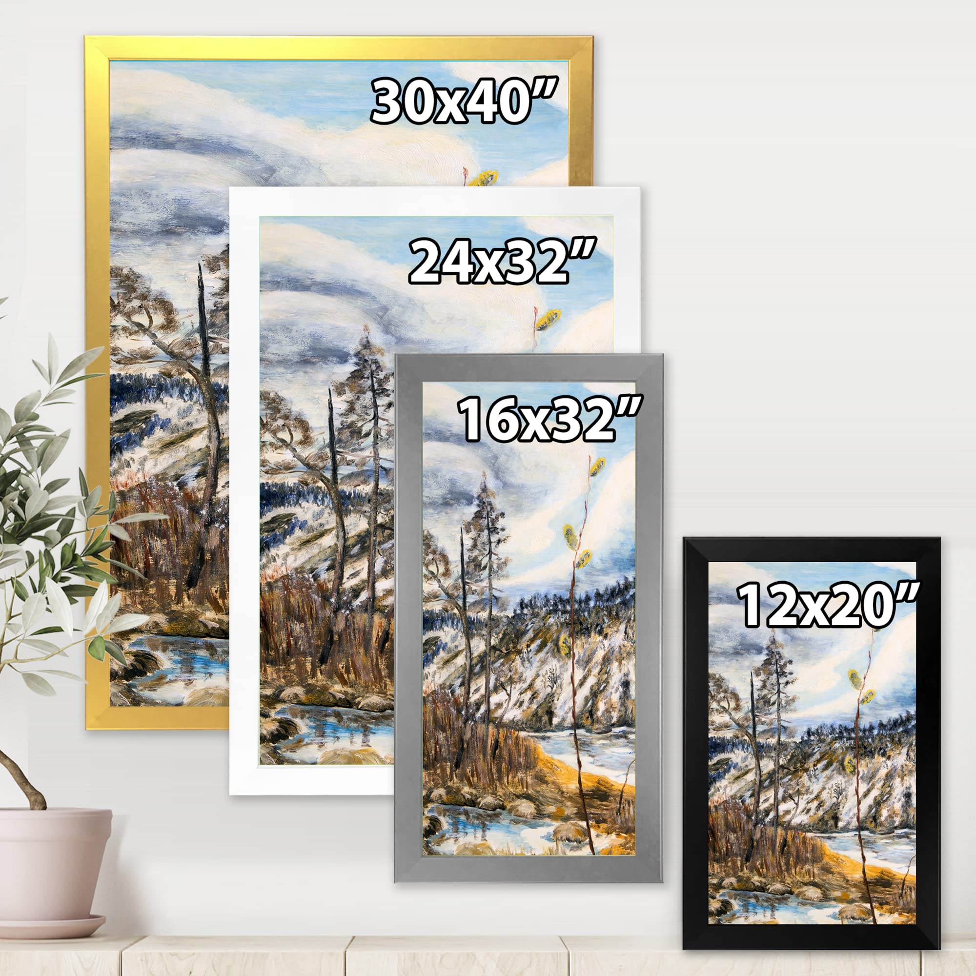 Spring Landscape with Cloudy Sky and River Lake House Framed Wall Art - Nature Themed Home Decor for Living Room, Bedroom & Office