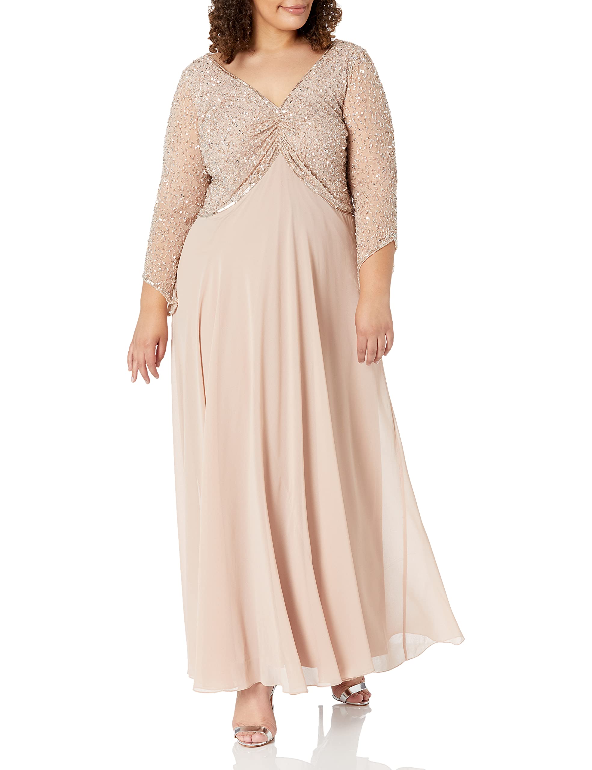 J Kara Women's Plus Size 3/4 Sleeve V-Neck Beaded Blouse with Long Gown - Elegant Floral Embellished Tunic Top in Blush/Multi Color, Size 14W - Perfect for Evening Parties, Weddings & Special Occasions