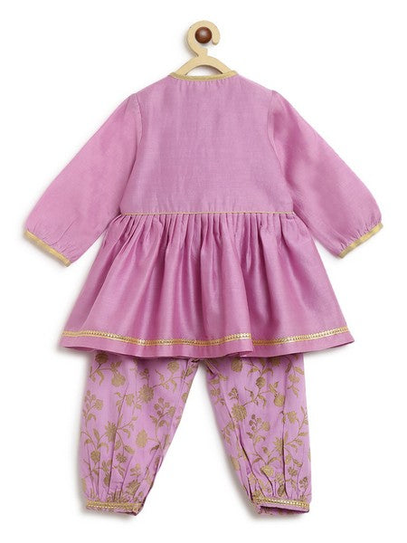 Girls Combo Angrakha Set with Bow Hairclip - Gold Print Purple Ethnic Outfit for Festivals & Parties | Perfect for Diwali, Weddings & Special Occasions