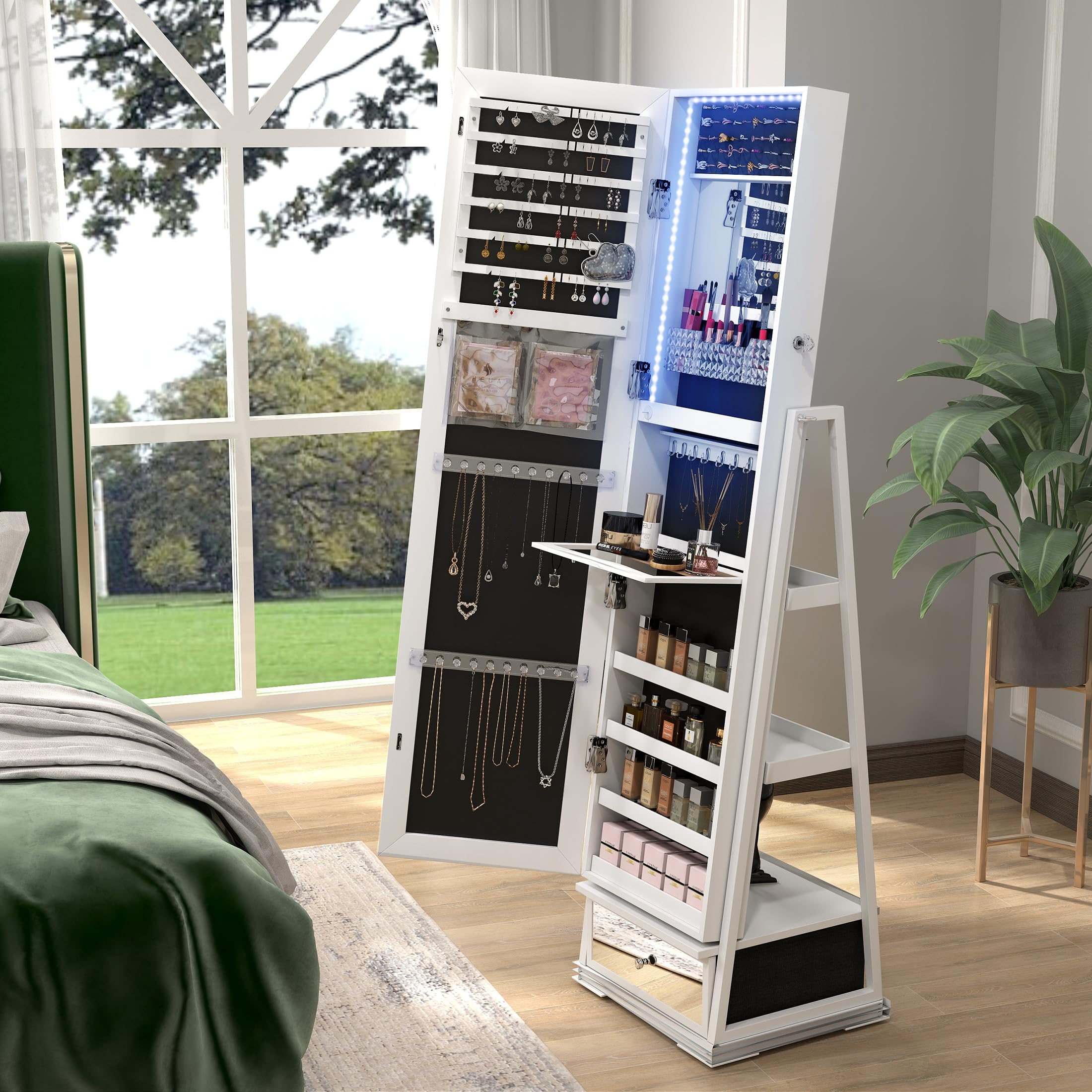 360° Swivel Jewelry Armoire with Full-Length LED Mirror - Lockable Standing Jewelry Cabinet with Rotating Shelves for Bedroom & Cloakroom Organization (White) | Perfect for Jewelry Storage, Vanity Dressing & Closet Organization