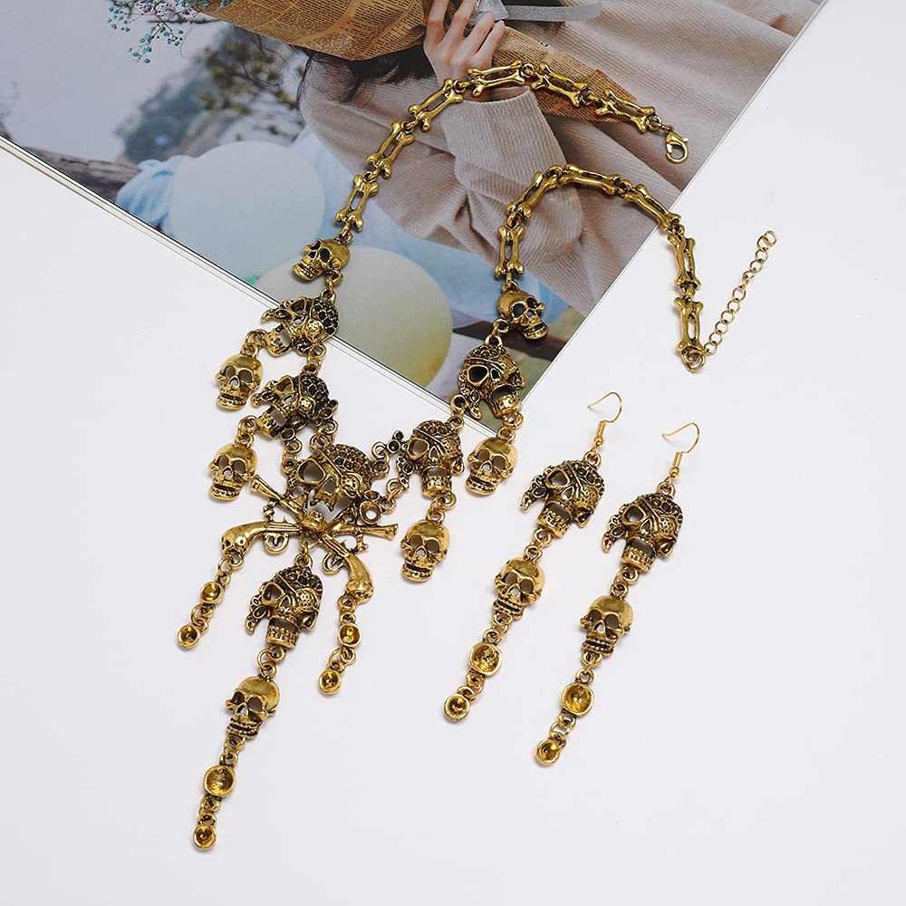 Halloween Skeleton Skull Necklace & Drop Earrings Set - Gothic Ghost Hand Long Chain Women's Jewelry for Costume Parties, Cosplay & Spooky Fashion Accessories
