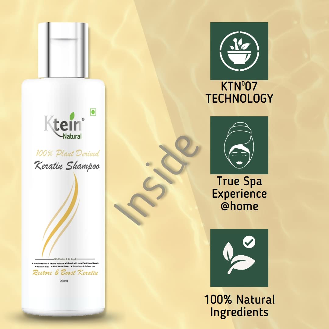 Ktein Natural 100% Plant Derived Keratin Shampoo (200ml) - Sulfate Free Hair Repair for Dry, Damaged Hair - Perfect for Daily Use & Salon Quality Results at Home