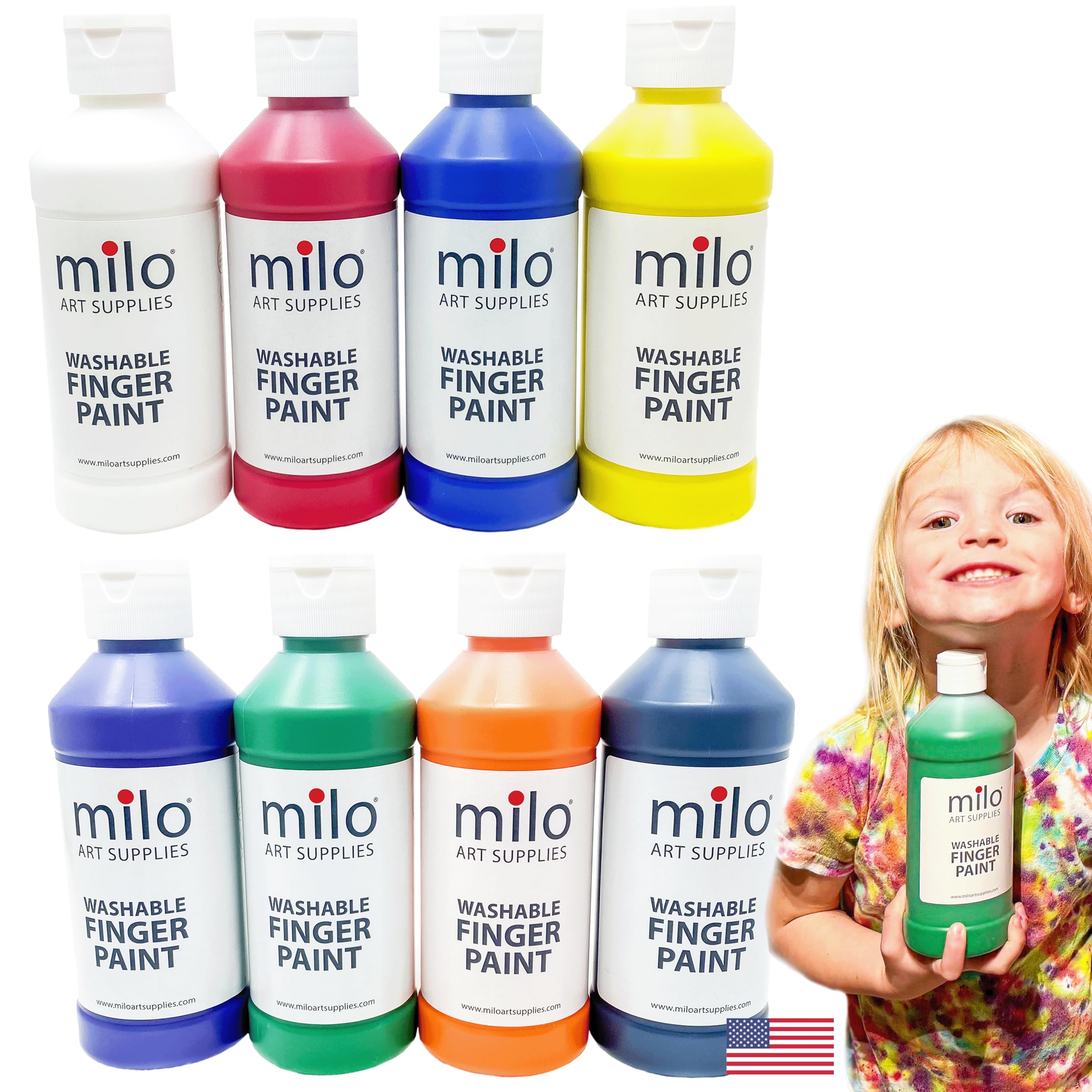 milo Kid's Washable Non-Toxic Finger Paint Set - 8 Vibrant Colors in 8 oz Squeeze Bottles | Safe Art Supplies for Toddlers & Preschoolers | Classroom, Birthday Party & DIY Craft Activities