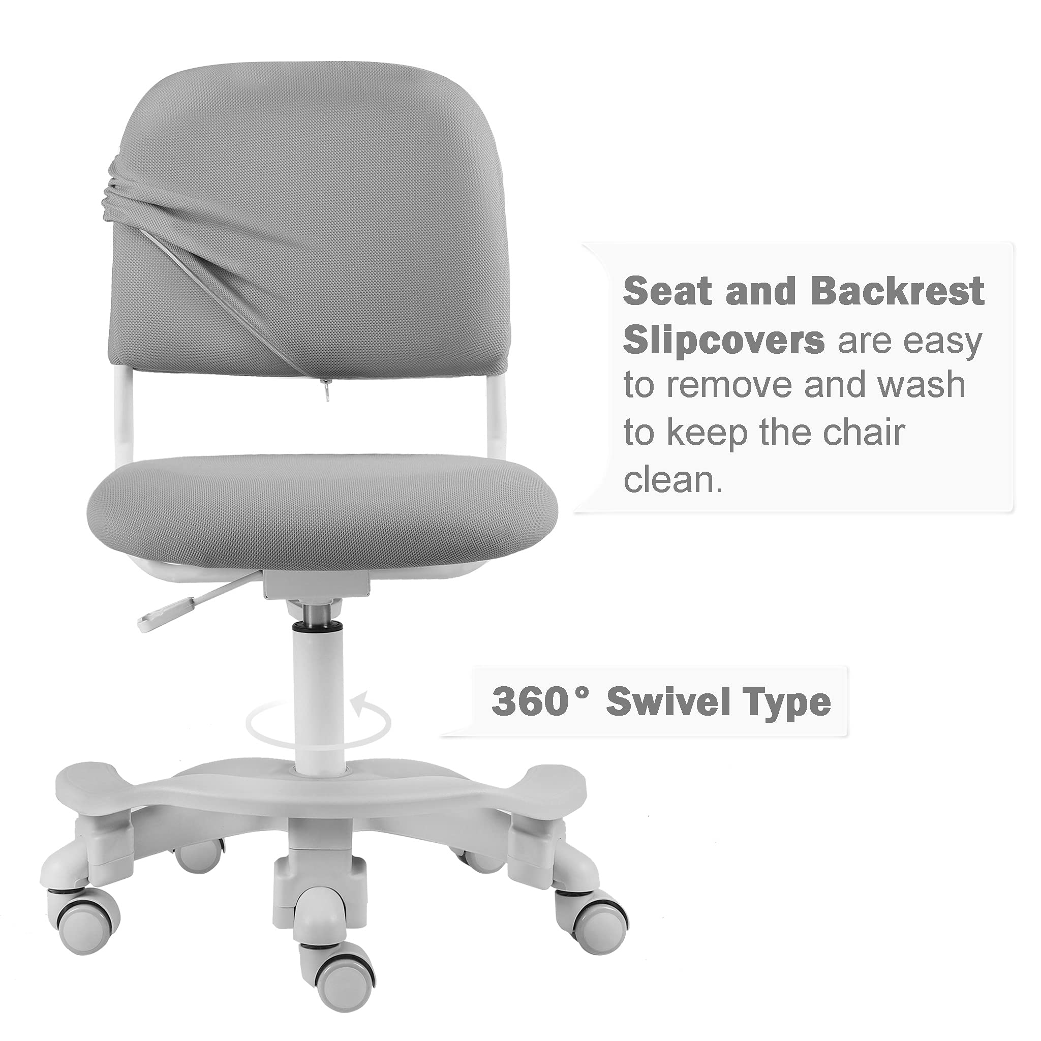 Ergonomic Kids Desk Chair - Adjustable Height & Seat Depth with Detachable Footrest & Lumbar Support - Grey Study Chair for Children's Bedroom, Homeschool & Online Learning (Includes Chair Slipcovers)