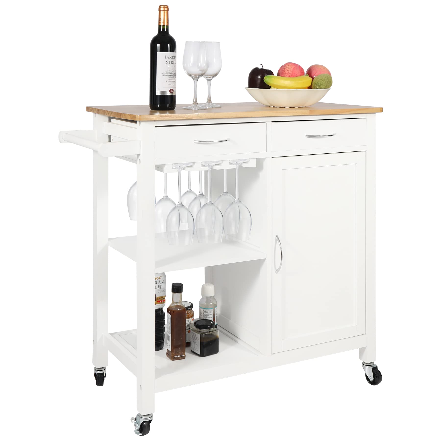 AKVOMBI White Kitchen Island on Wheels with Storage Cabinet - Portable Rolling Cart with Rubber Wood Countertop, 2-Tier Shelves, Towel Rack & Glass Holder - Perfect for Small Kitchens, Dining Areas & Mobile Food Prep Stations