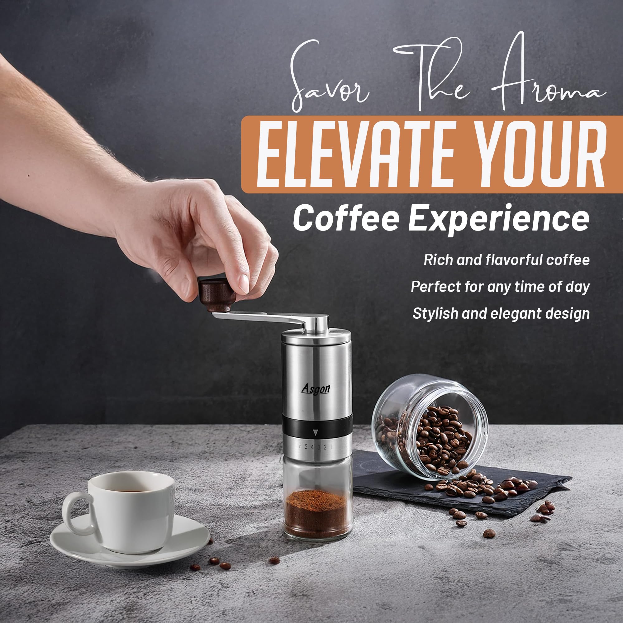 Premium Manual Coffee Grinder with Spoon & Cleaning Brush - Adjustable Stainless Steel Burr Mill for Espresso, French Press & Pour Over - 6 Coarseness Settings - Ergonomic Handle - Perfect for Home, Office & Camping Use