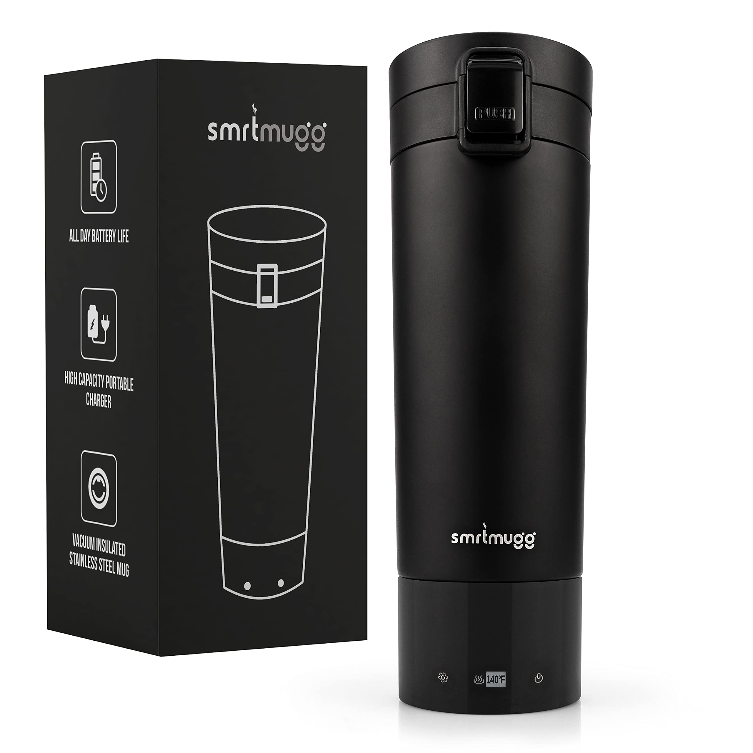 10 oz. Black Heated Coffee Mug with All-Day Battery Life - Fast Heating Travel Mug for Coffee & Tea - USB Rechargeable Smart Mug - Perfect for Office, Commuting & Outdoor Use