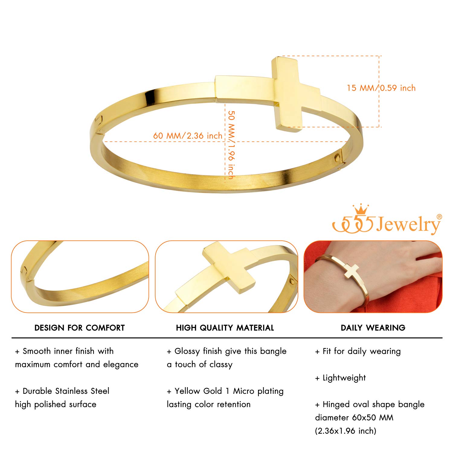 555Jewelry Stainless Steel Sideways Cross Cuff Bangle Bracelet for Women - Hypoallergenic Hinge Lock Design - Elegant Religious Jewelry for Everyday Wear & Special Occasions
