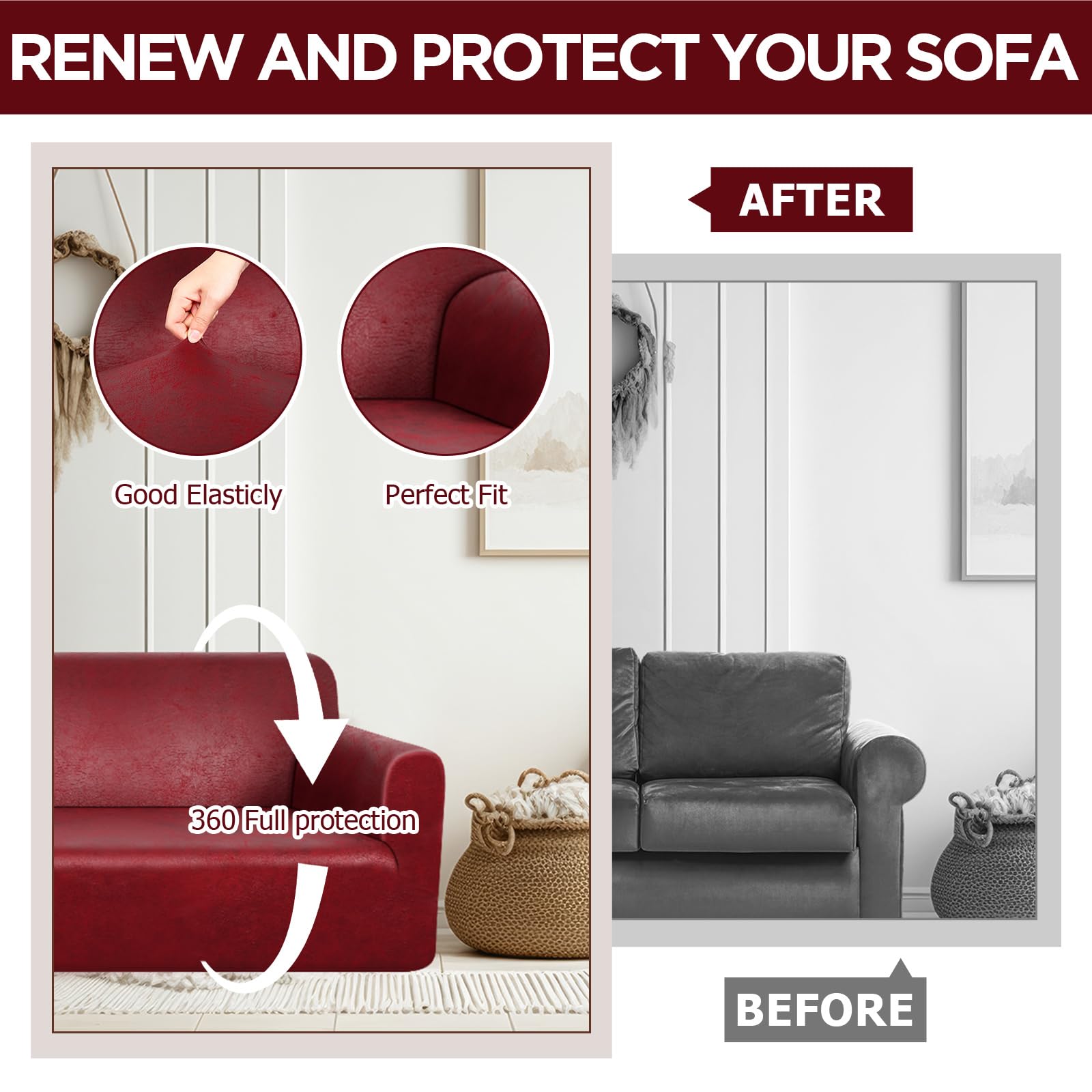 **Peryiter 3-Piece Stretch Slipcover Set for Sofa, Loveseat & Armchair – Form-Fitting, Wrinkle-Free Furniture Protector (Burgundy, Tech Fabric) – Perfect for Living Room, Home Decor & Pet-Friendly Use**