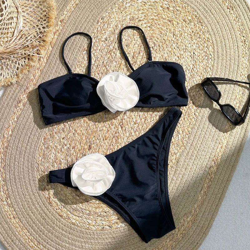 3D Floral Print Bandeau Bikini Set for Women - Sexy Brazilian Thong Swimwear, Bathing Suit Beachwear (S-XL) | Perfect for Summer Vacations, Pool Parties & Tropical Getaways