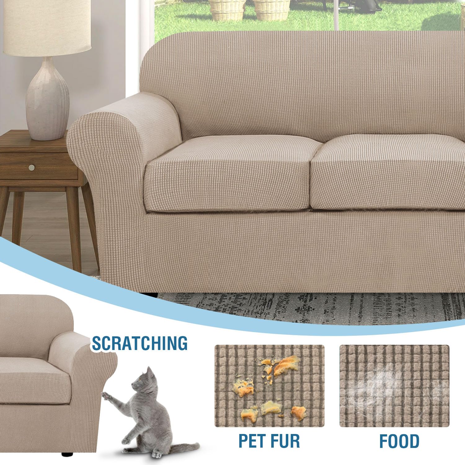 H.VERSAILTEX 4-Piece Stretch Sofa Cover Set - Jacquard Fabric Couch Covers for 3-Cushion Sofa & 2-Cushion Loveseat, Thick Durable Slip-Resistant Furniture Protector (Sand Color) - Perfect for Living Room, Family Room, and Pet-Friendly Homes