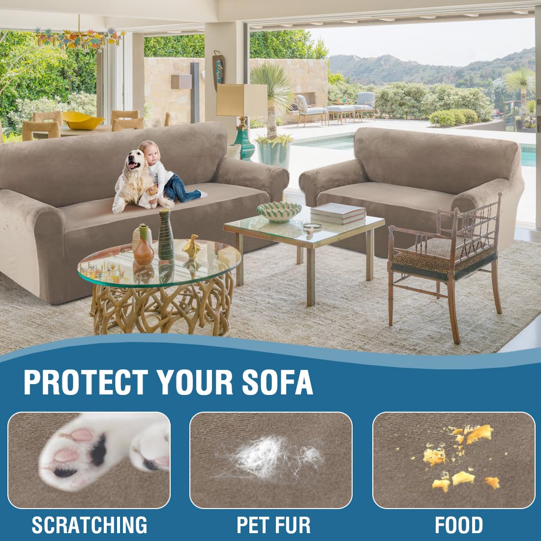 H.VERSAILTEX Stretch Velvet Couch Cover 2-Piece Set - Sofa Slipcover & Loveseat Cover, Soft Thick Velour Fabric, Taupe Color | Perfect for Living Room Furniture Protection & Style Upgrade