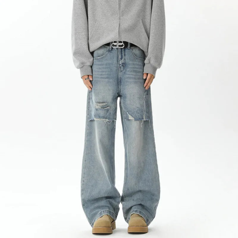 Trendy Men's Ripped Denim Jeans Two-Piece Set - Loose Fit Casual Pants for Spring & Fall - Fashionable Male Clothing (Style 9C9263) | Perfect for Streetwear, Outings & Everyday Comfort