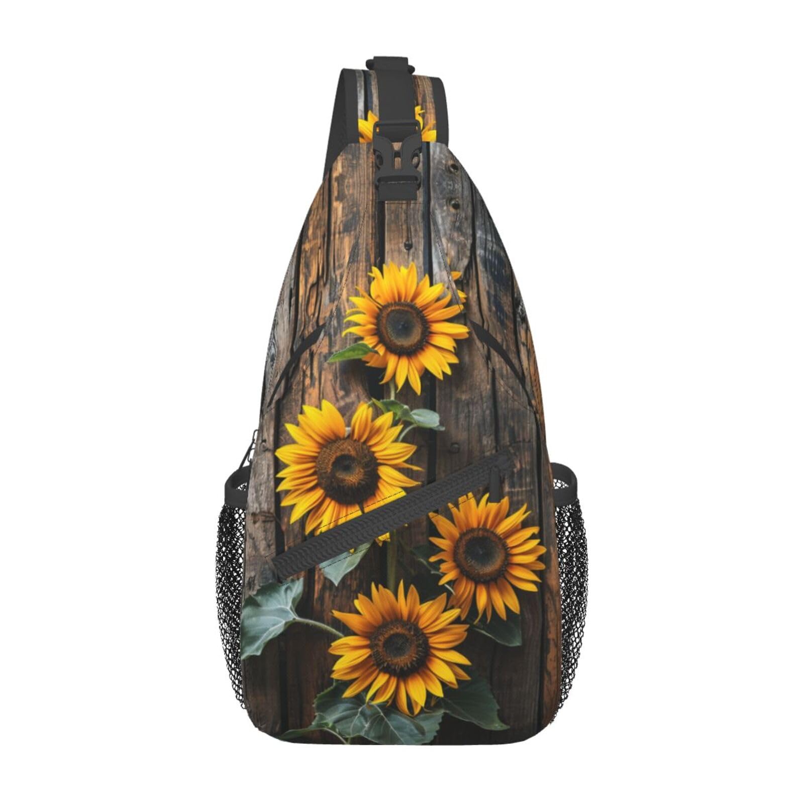 Sunflower Wooden Board Sling Backpack - Lightweight Waterproof Hiking Bag for Outdoor Sports