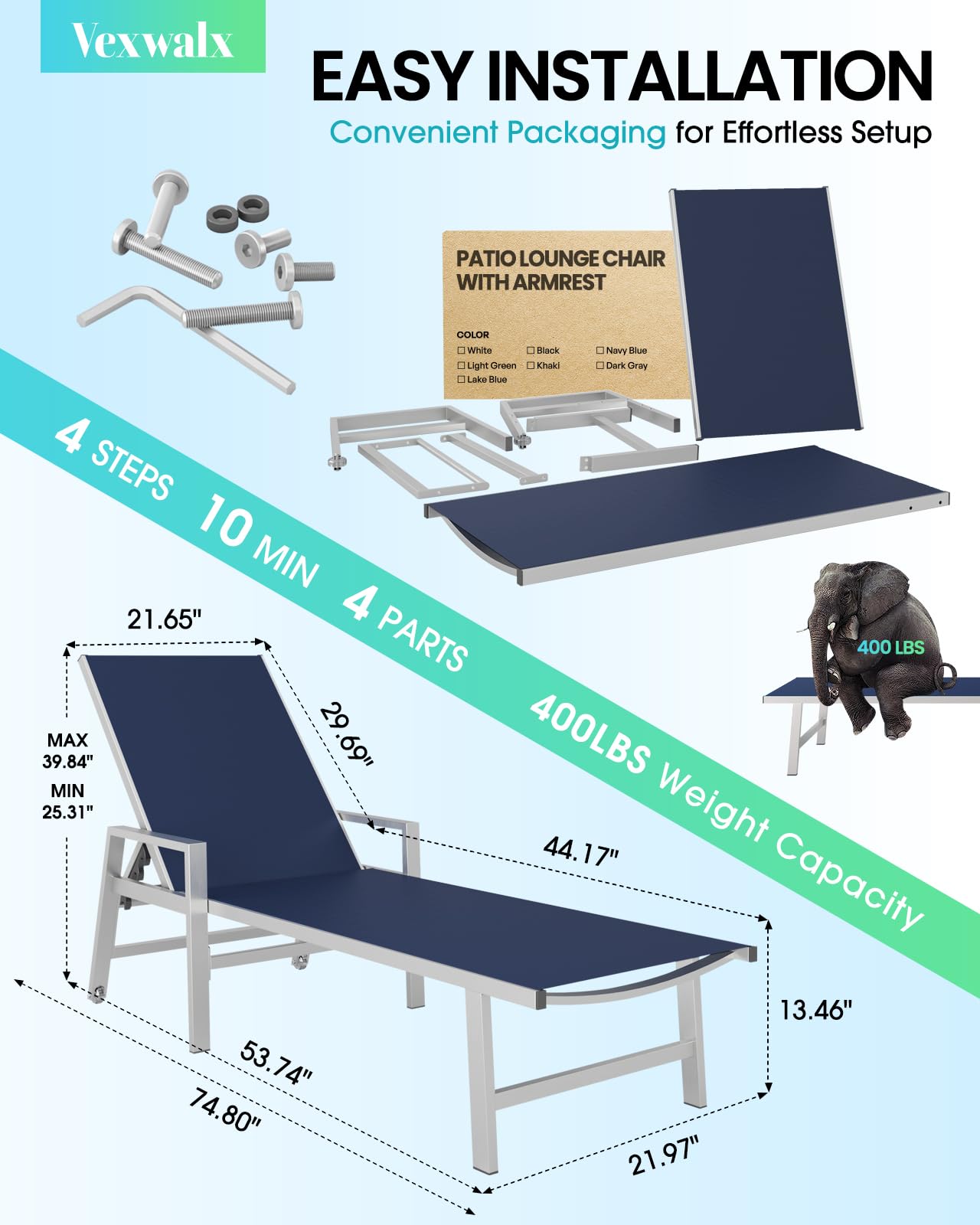 5-Position Adjustable Aluminum Pool Lounge Chair with Wheels & Armrests - Navy Blue Outdoor Chaise for Patio, Beach, Deck & Backyard - Perfect for Sunbathing, Relaxing by the Pool or Garden Lounging