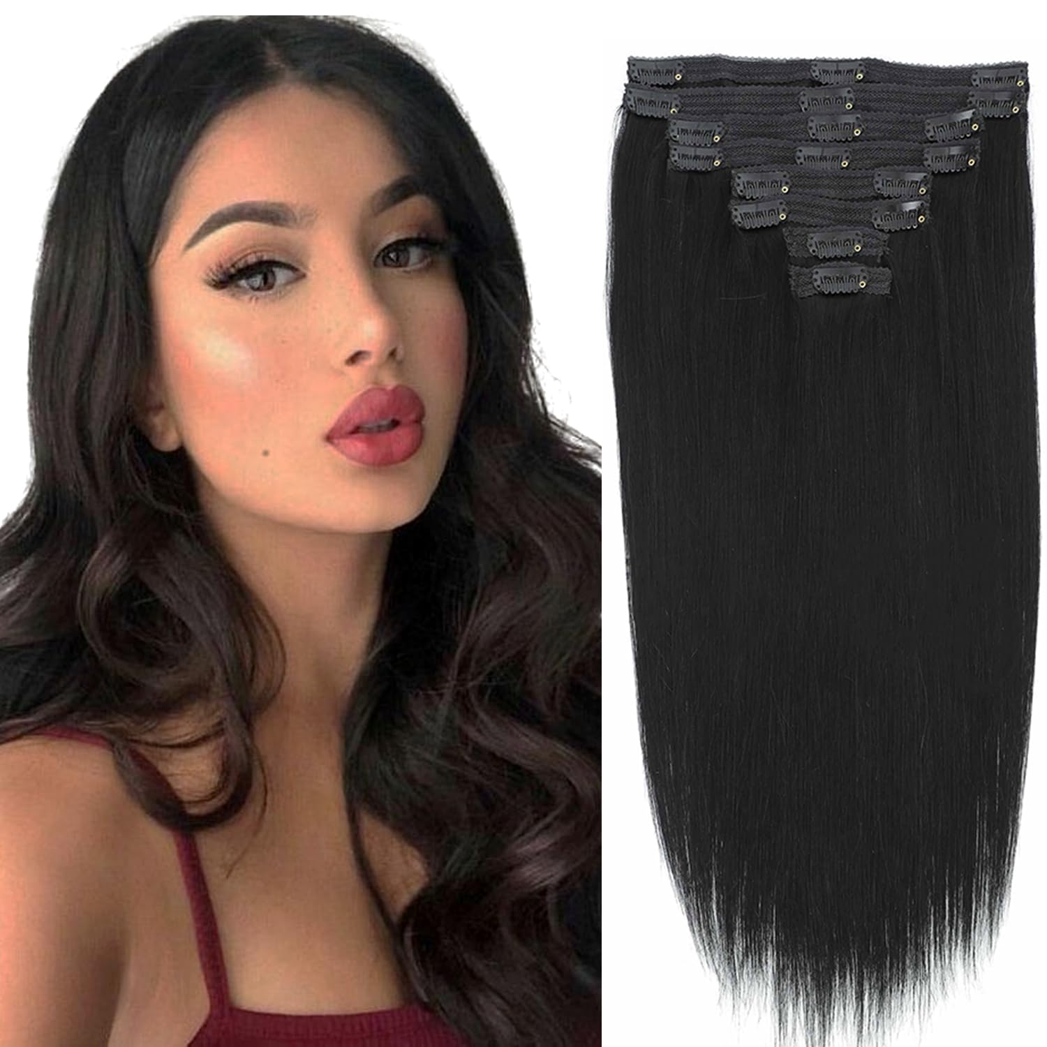 Jet Black Clip-In Human Hair Extensions 18 Inch - 8pcs 120g Silky Straight Real Natural Hair - Perfect for Parties, Weddings & Everyday Styling