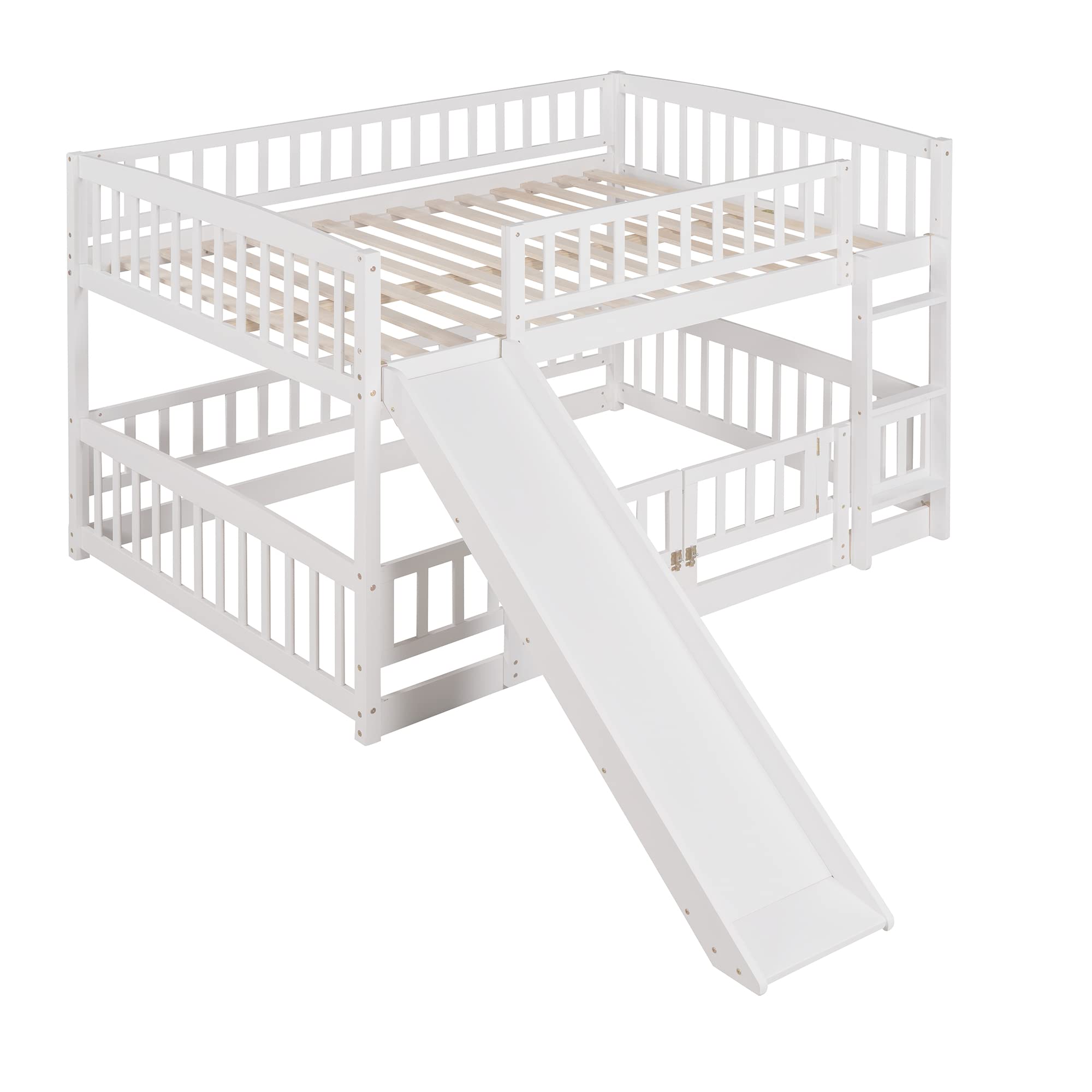 Merax Solid Wood Bunk Bed with Reversible Slide - Full Over Full Low Bunk Bed with Safety Fence & Ladder for Kids & Teens - White - Perfect for Kids' Bedrooms, Guest Rooms & Small Spaces