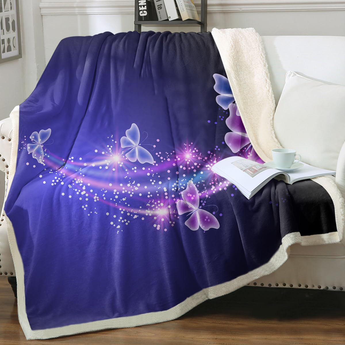 Sleepwish Blue Purple Fleece Throw Blanket - Soft Glowing Butterflies Sherpa Plush Blanket for Baby (30